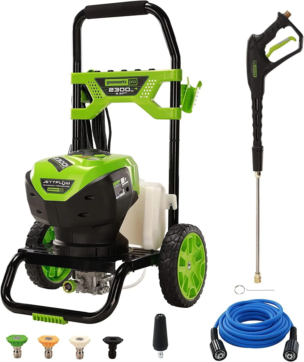 2300 pounds/square inch true brushless electric high-pressure cleaning machine (2.3 gallons/minute). 25 feet hose. quick-connect nozzle. 15°. 24°. 40° soap nozzles and turbine nozzle