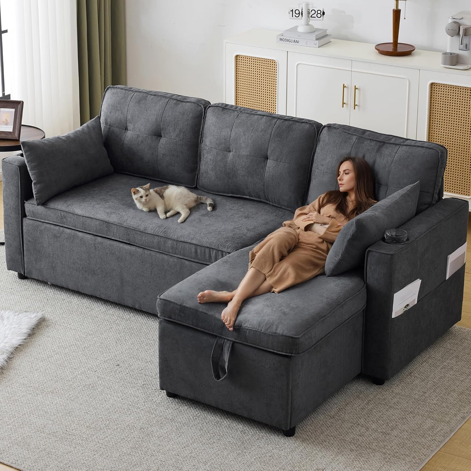Sofá Cama 3 plazas con Portavasos y Bolsa Pasamanos Lateral. Sofá en Forma de L. Intercambiable a la Derecha y a la Izquierda. Gris