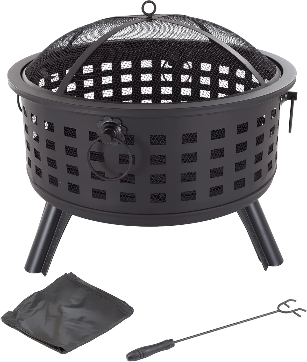 Outdoor Fire Pit - 26-Inch Round Lattice Wood Burning Firepit with Screen. Poker. Grate and Cover - Wood Fire Pits & Outdoor Fireplaces by Pure Garden