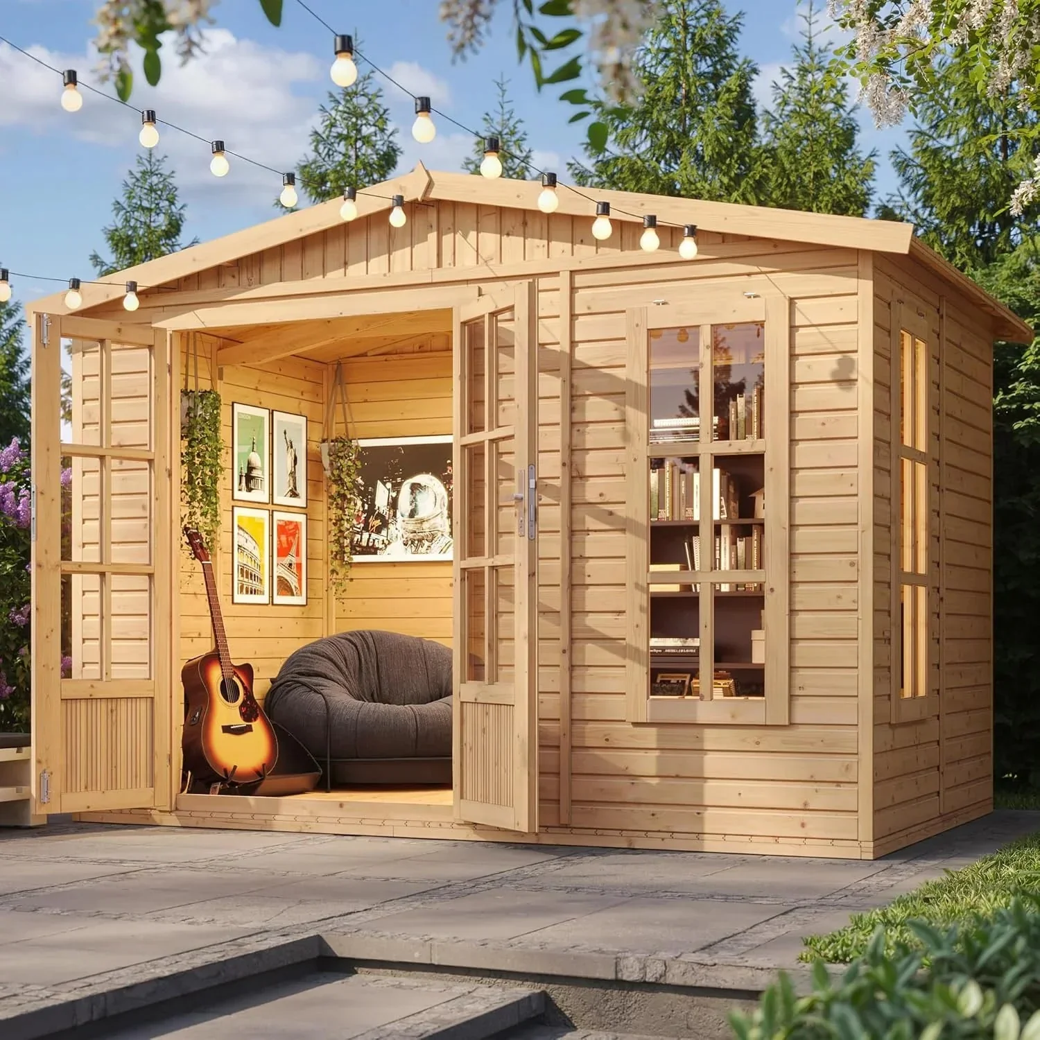 TIMBELA Caseta de jardín de Madera de 6 m2 - Cobertizo Jardin Exterior con Suelo. Ventana. Puerta Doble - Cabaña de jardín para Trabajar en casa - con