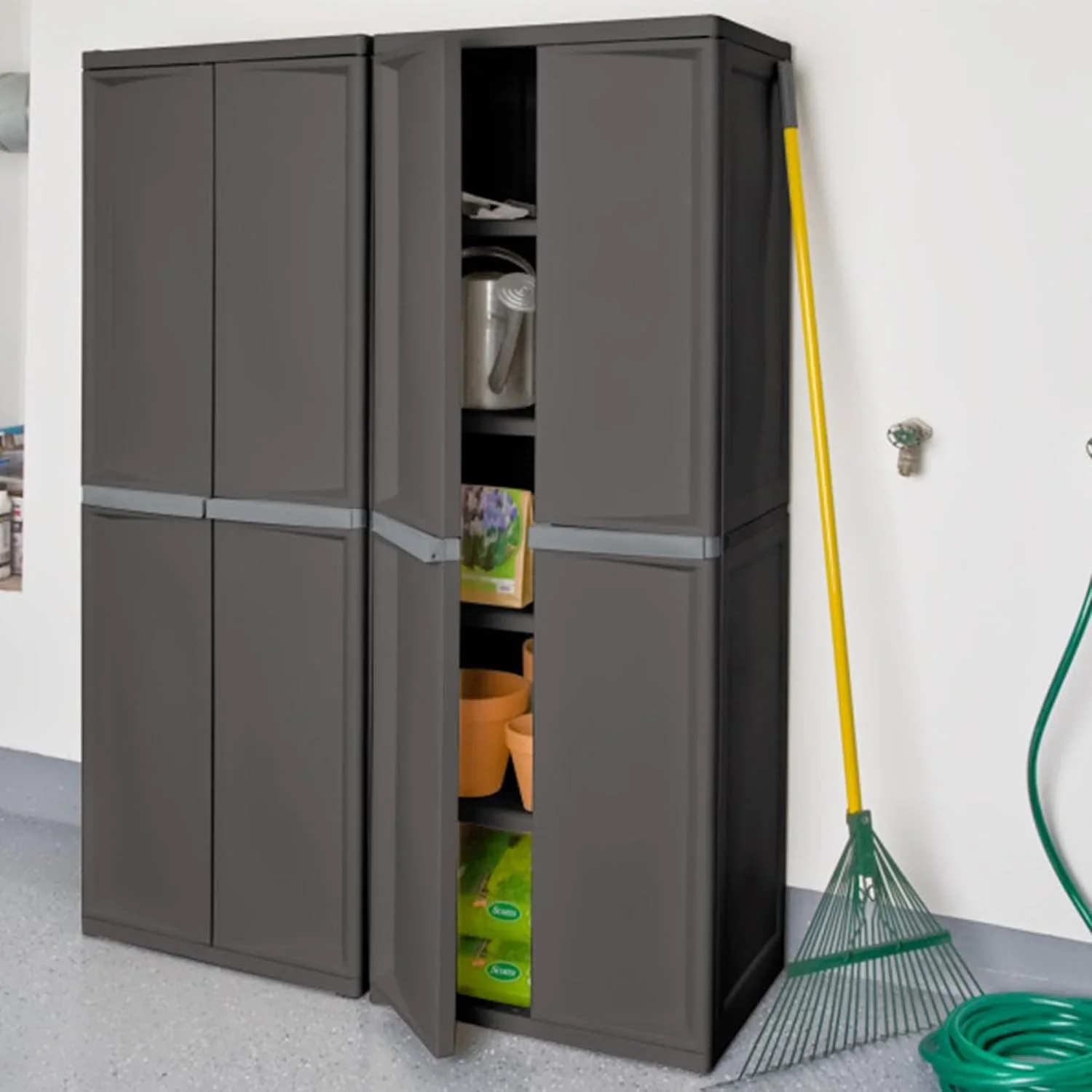 Storage Cabinet. Rugged Plastic Garage Organizer with Double Doors. 4 Adjustable Shelves. Gray