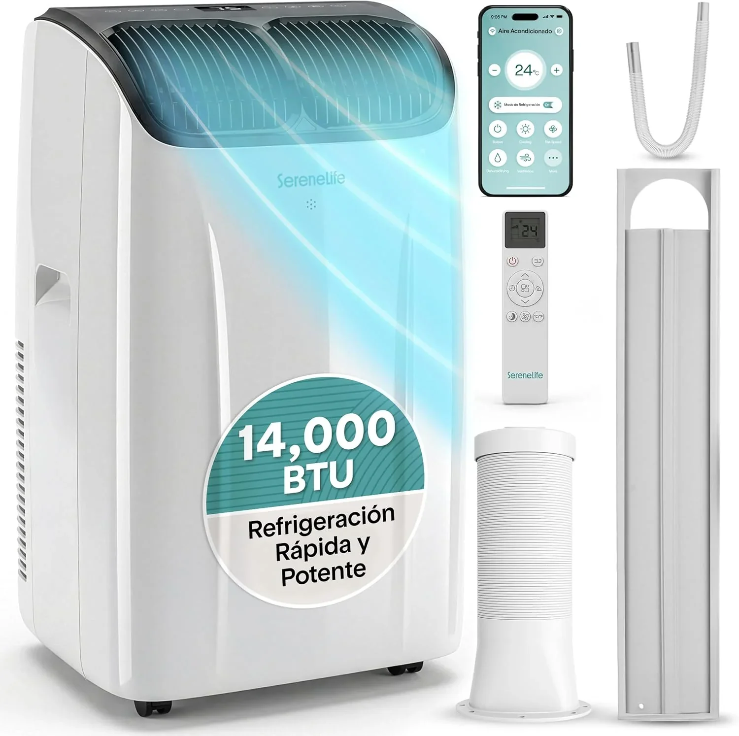 SereneLife Aire Acondicionado Portátil 14000 BTU con WiFi. Climatizador 3 en 1 Frío. Ventilación y Deshumidificador. Smart con Kit de Ventana. para