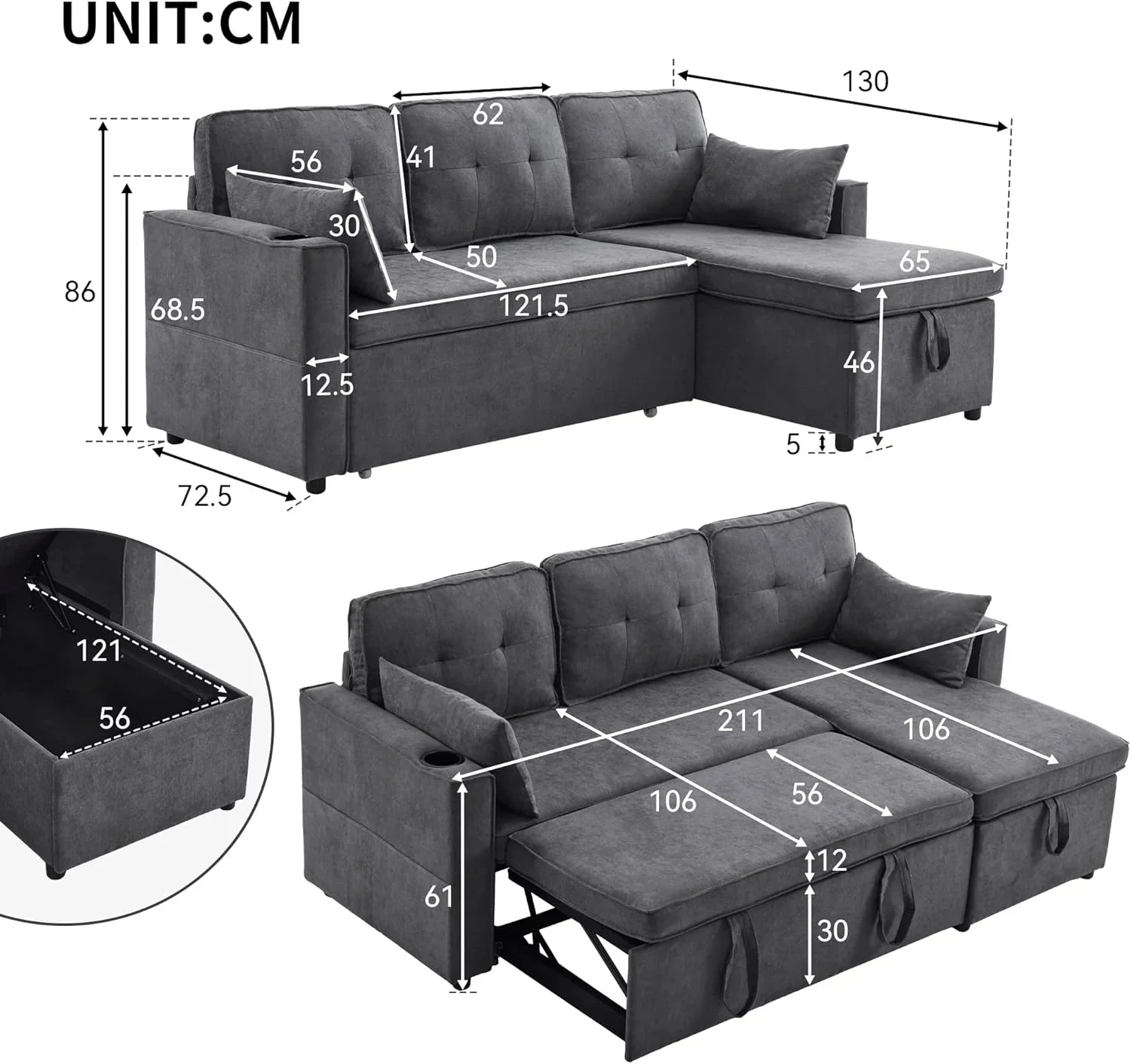 Sofá Cama 3 plazas con Portavasos y Bolsa Pasamanos Lateral. Sofá en Forma de L. Intercambiable a la Derecha y a la Izquierda. Gris