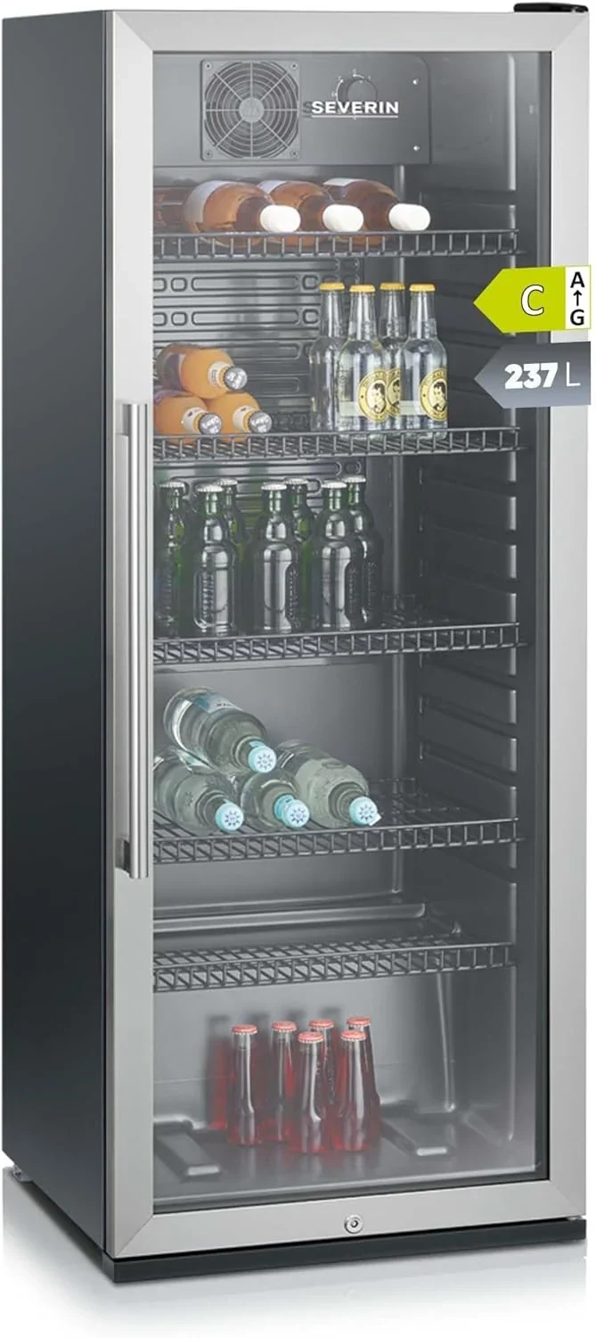 SEVERIN Flaschenkühlschrank. mit integriertem Schloss und integrierter LED-Beleuchtung. 118 L Nutzinhalt. schwarz/silber. FSK 8840
