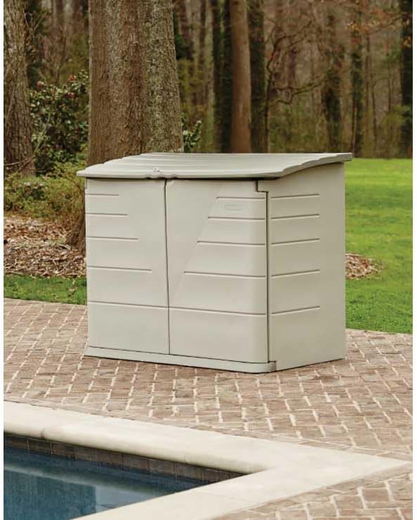 Poly resin outdoor storage shed. with floor (4.5 feet x 3 feet). weather-resistant. beige/brown. suitable for storing and organizing household/backyard/swimming pool chemicals/toys/garden tools/porch/terrace cushions.