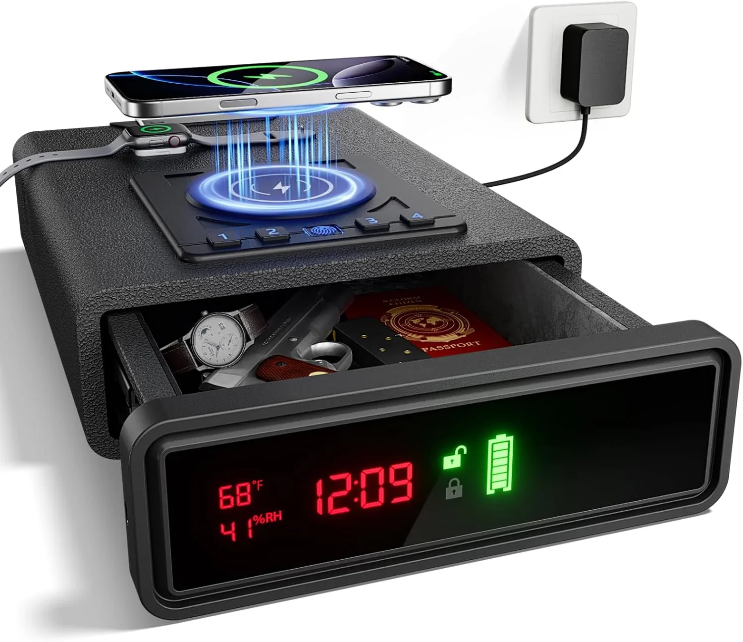 Smart Biometric Safe with Wireless Charging for Phone & Watch. 3 Access Methods to Unlock. Nightstand Drawer Safe LED Display with Humidity & Temperature Monitoring. Stopbox for Cash and Valuables