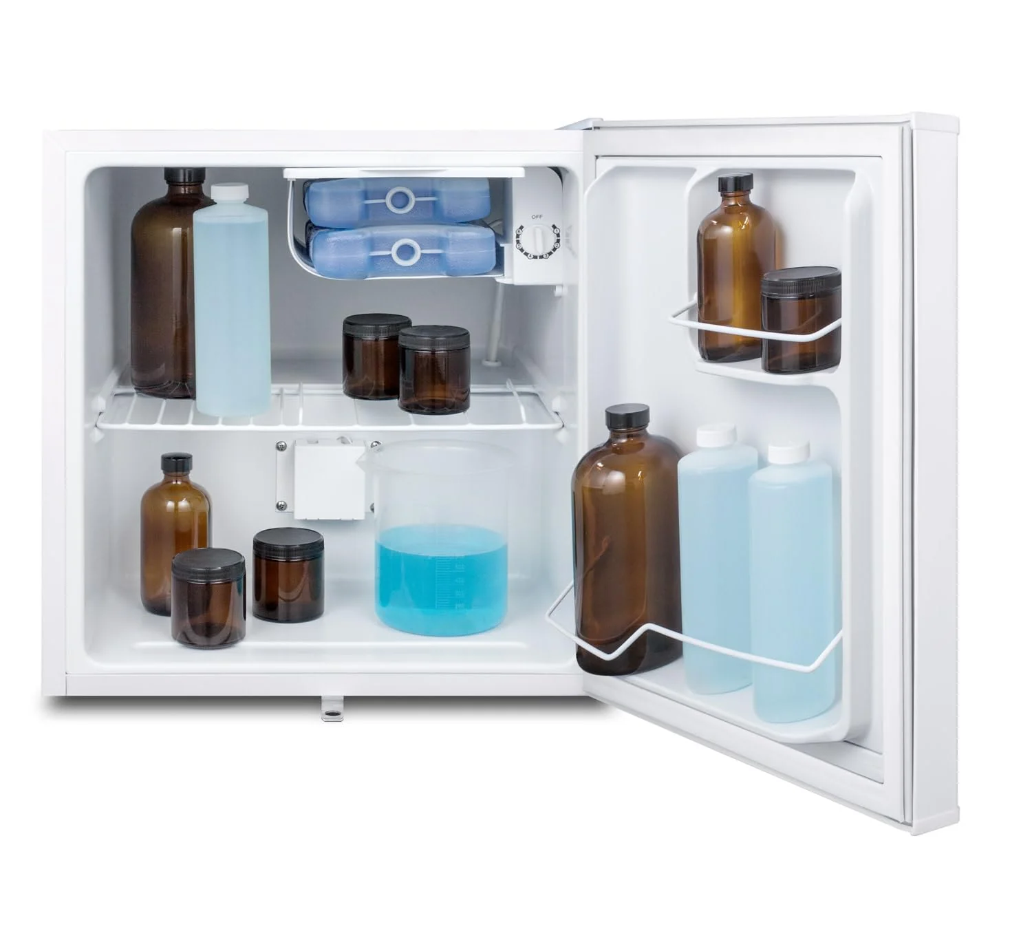 Compact refrigerator freezer. suitable for general use. with a white appearance. equipped with a NIST calibrated thermometer. manual defrosting device. hospital-grade power cord and front locking mechanism.
