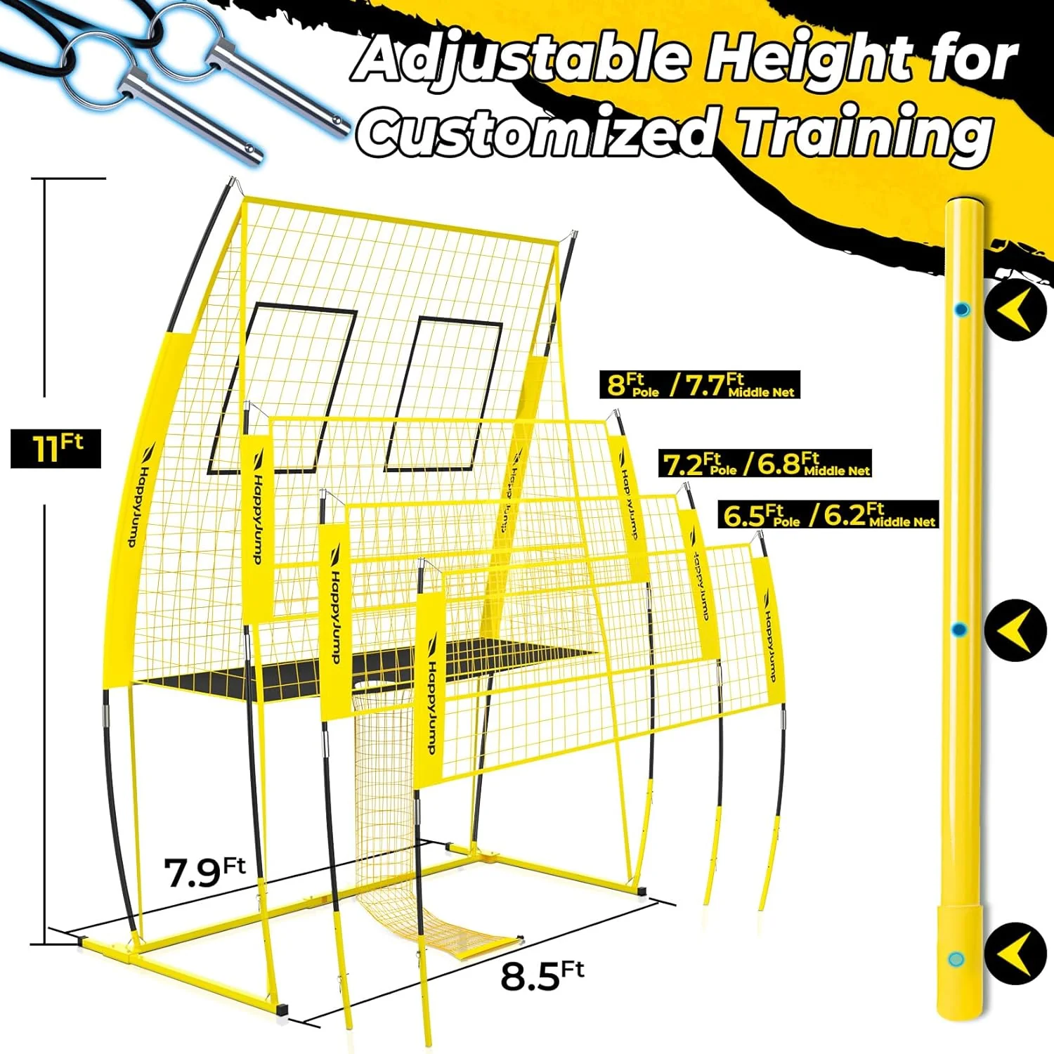 Adjustable volleyball training net equipment system (8x11 feet). suitable for adult outdoor or indoor volleyball practice. equipped with volleyball.