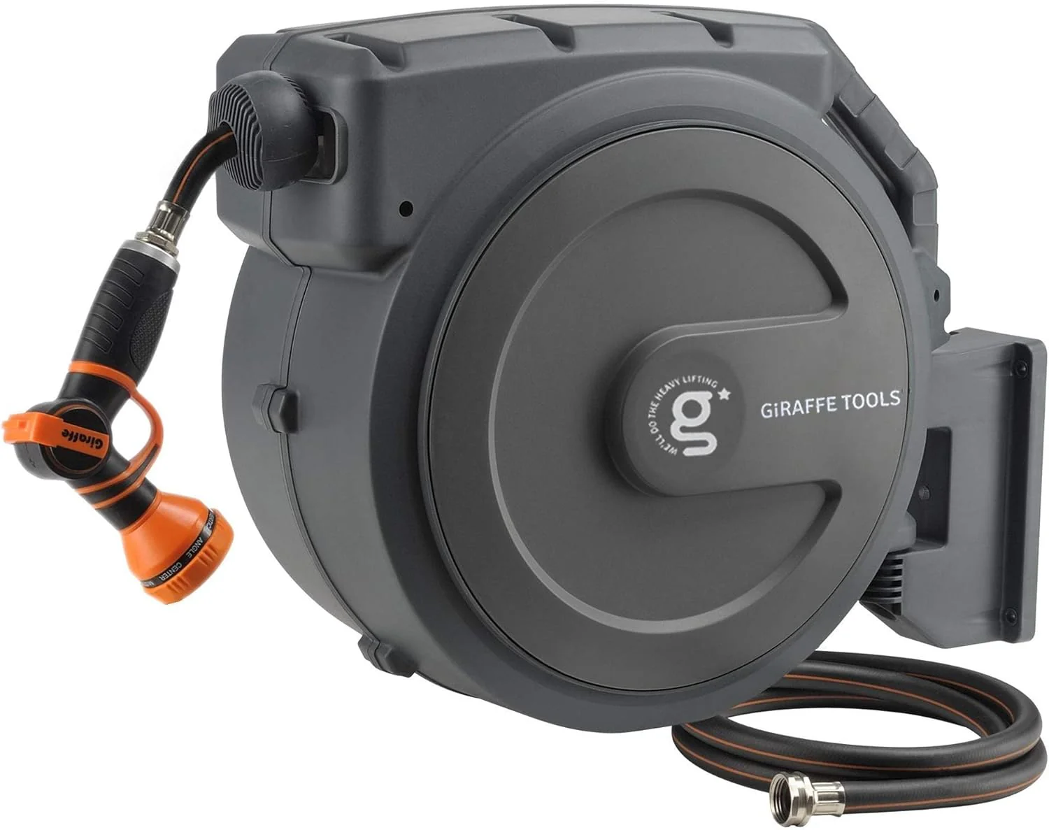 Tool-extendable garden hose reel. inner diameter 1/2 inch. length 155 inches. equipped with 5-foot extension hose. sturdy and durable. lockable at any length. slow retraction system. wall-mounted design. 180-degree rotating bracket