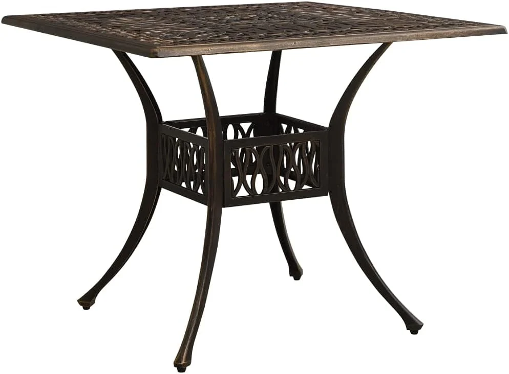 Bronze terrace table. made of cast aluminum. suitable for outdoor use. square design. stable and durable. with dimensions of 35.4 inches × 35.4 inches × 28.7 inches. equipped with umbrella holes. requires assembly.
