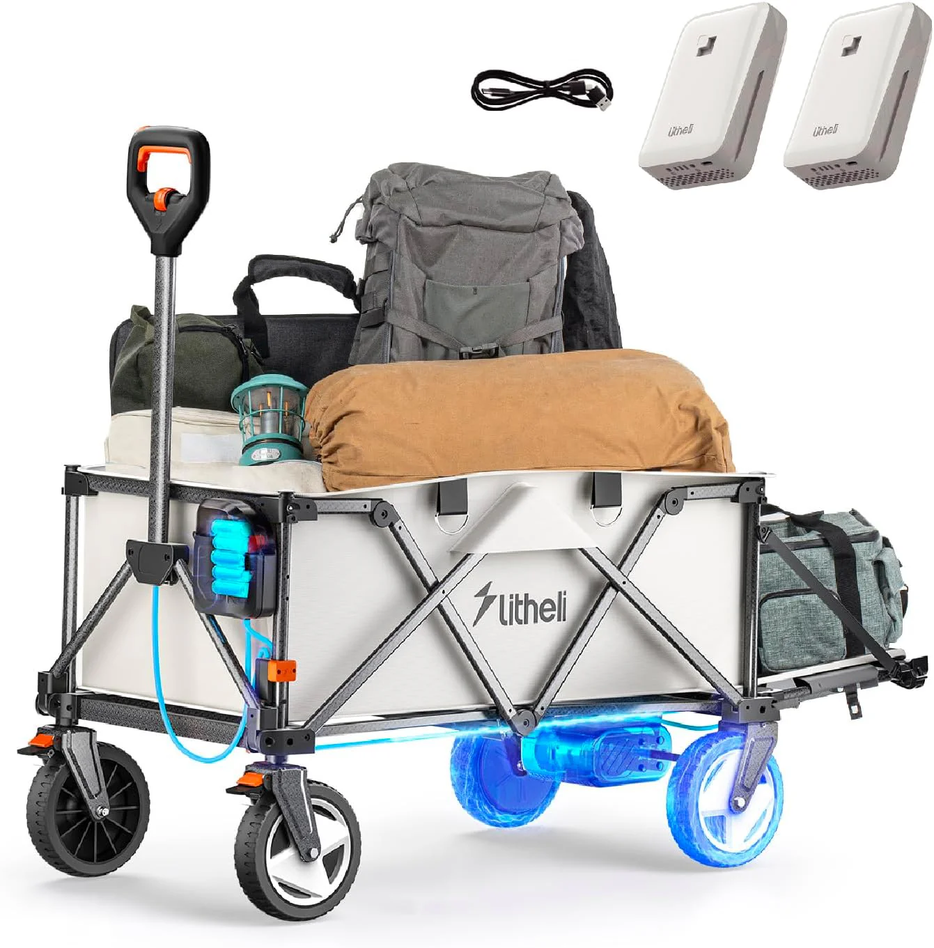 Utility truck. with a capacity of 200 liters and a load capacity of 300 pounds. featuring a foldable heavy-duty design. equipped with all-terrain wheels. featuring variable speed drive and battery power functions. suitable for camping. beaches. garde