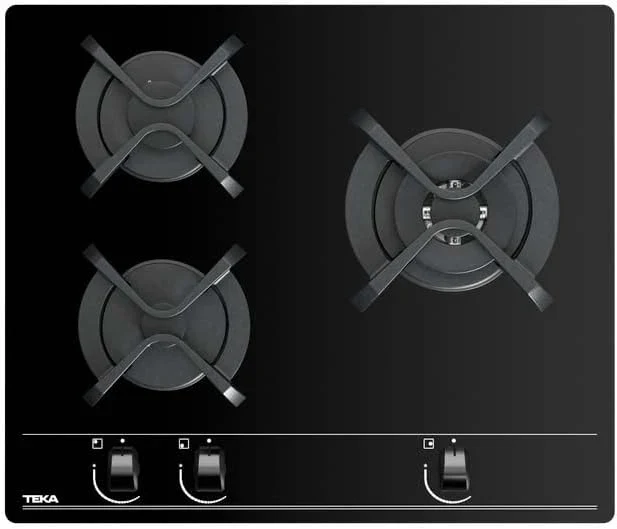 TEKA Placa de Gas Natural 60 cm. 3 Fuegos. Cristal Templado. Mandos Frontales Ergonómicos. Quemador Doble Anillo. Seguridad Termopar. Autoencendido.
