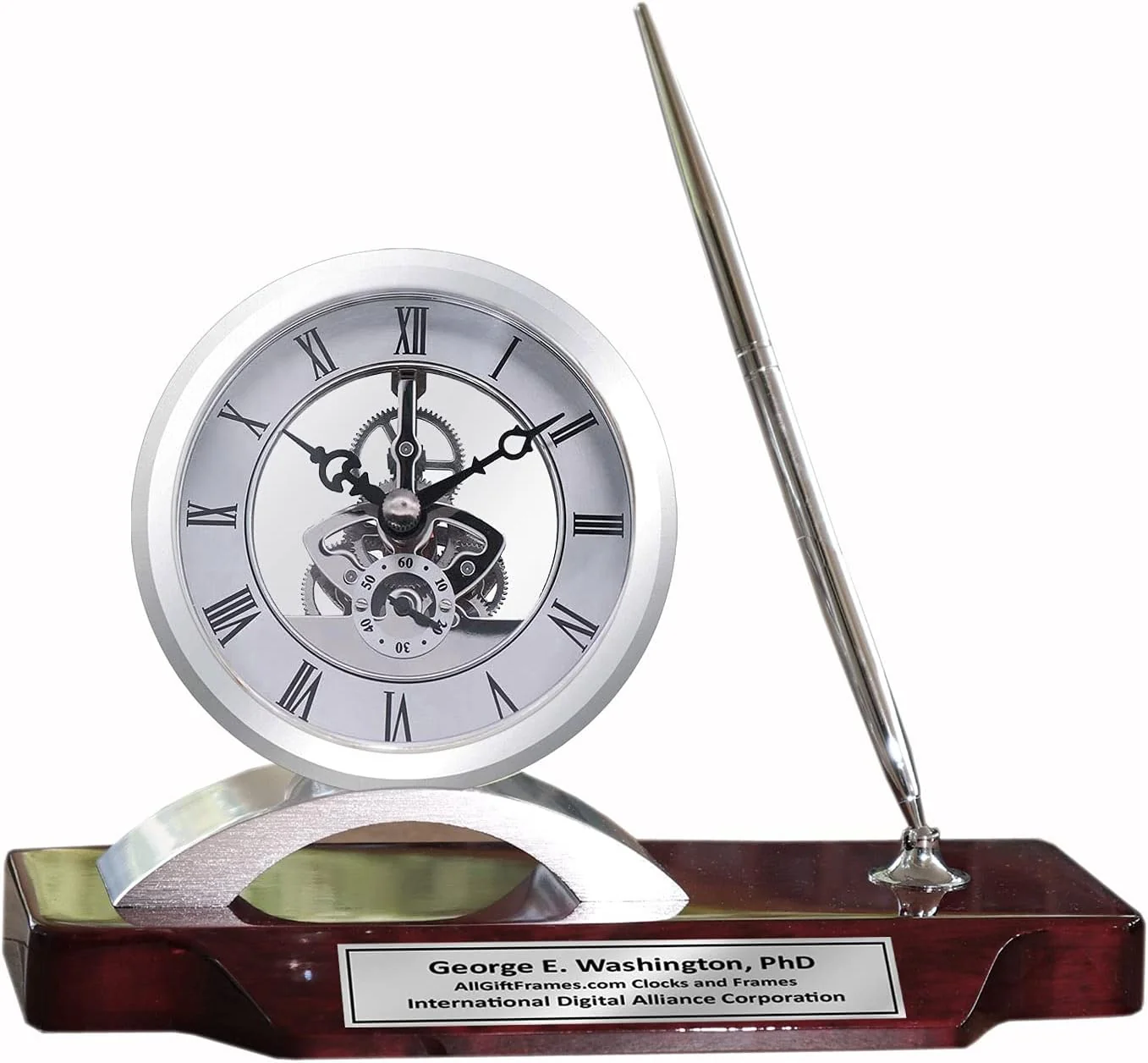 Desk clock. pen set. personalized. unique. silver clock. clear transparent case. gears. da Vinci. timepiece display. metal pen set. wooden desk stand. desk accessories. office. modern home. engraving