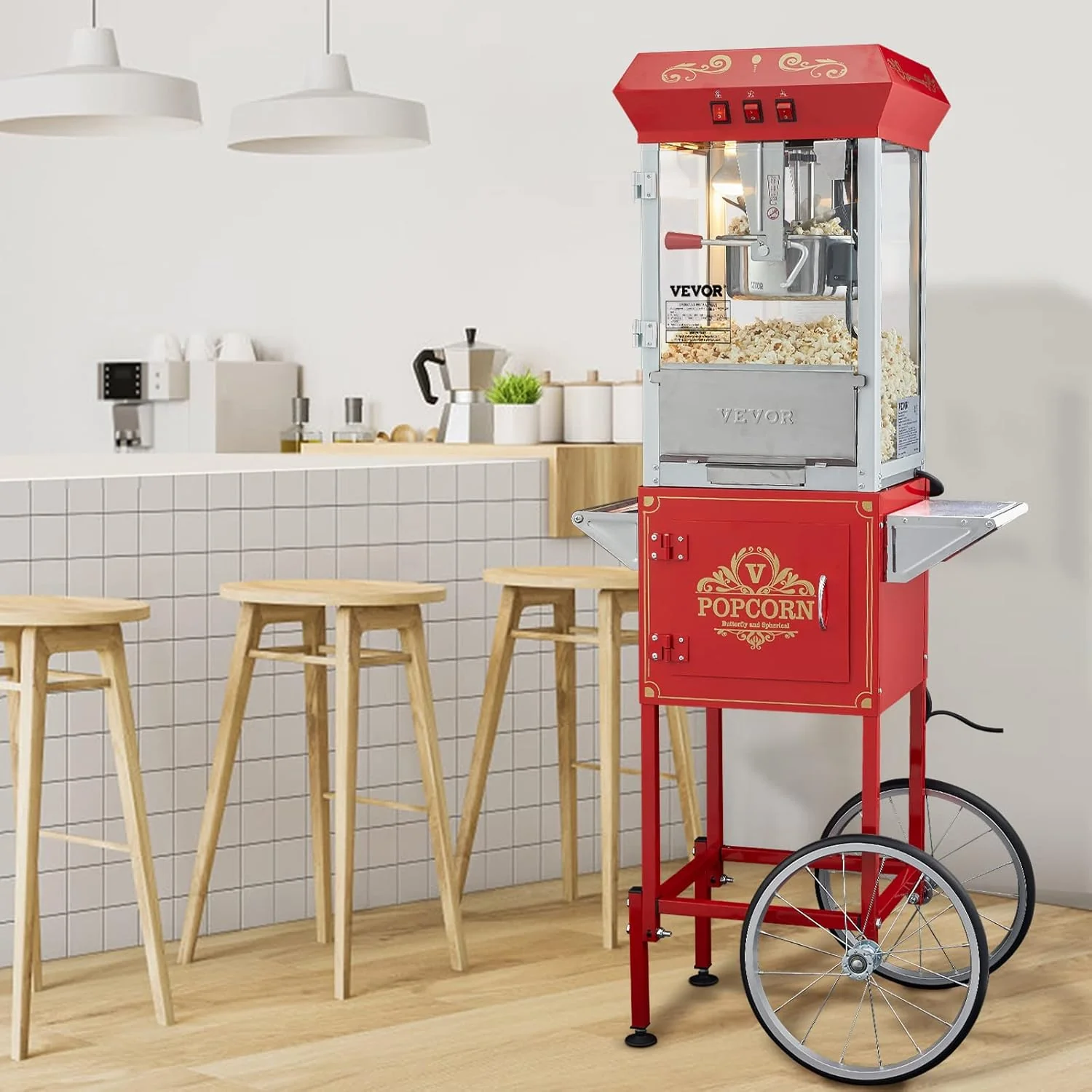 Popcorn machine. 12-ounce pot capacity. 1440-watt countertop popcorn machine. can produce 80 cups per batch. cinema-style popcorn machine. equipped with 3 switches for control. steel frame. tempered glass door. 1 pot. 2 spoons. red version