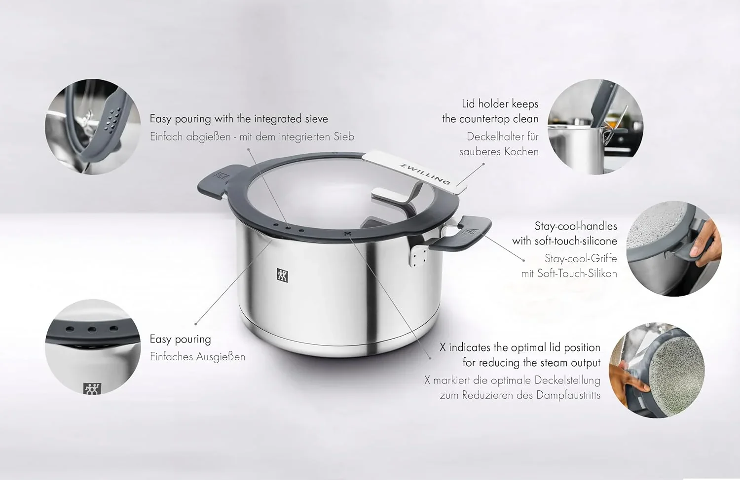 ZWILLING Simplify Kochtopf-Set 5-teilig. Mit Ausgießfunktion. Stay-Cool-Griffe. Induktionsgeeignet. Edelstahl. Silber