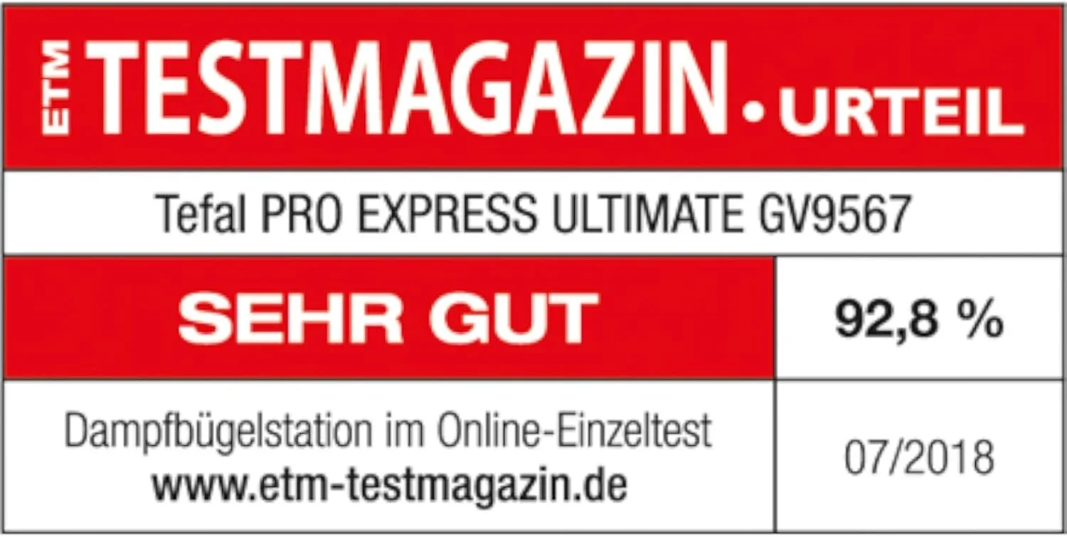 Tefal Dampfbügelstation Pro Express Ultimate. 7.7 Bar. 155 g/Min. Kontinuierlicher Dampf. 500 g/Min. Extra-Dampfstoß. 2600 Watt. Kalk-Kollektor.