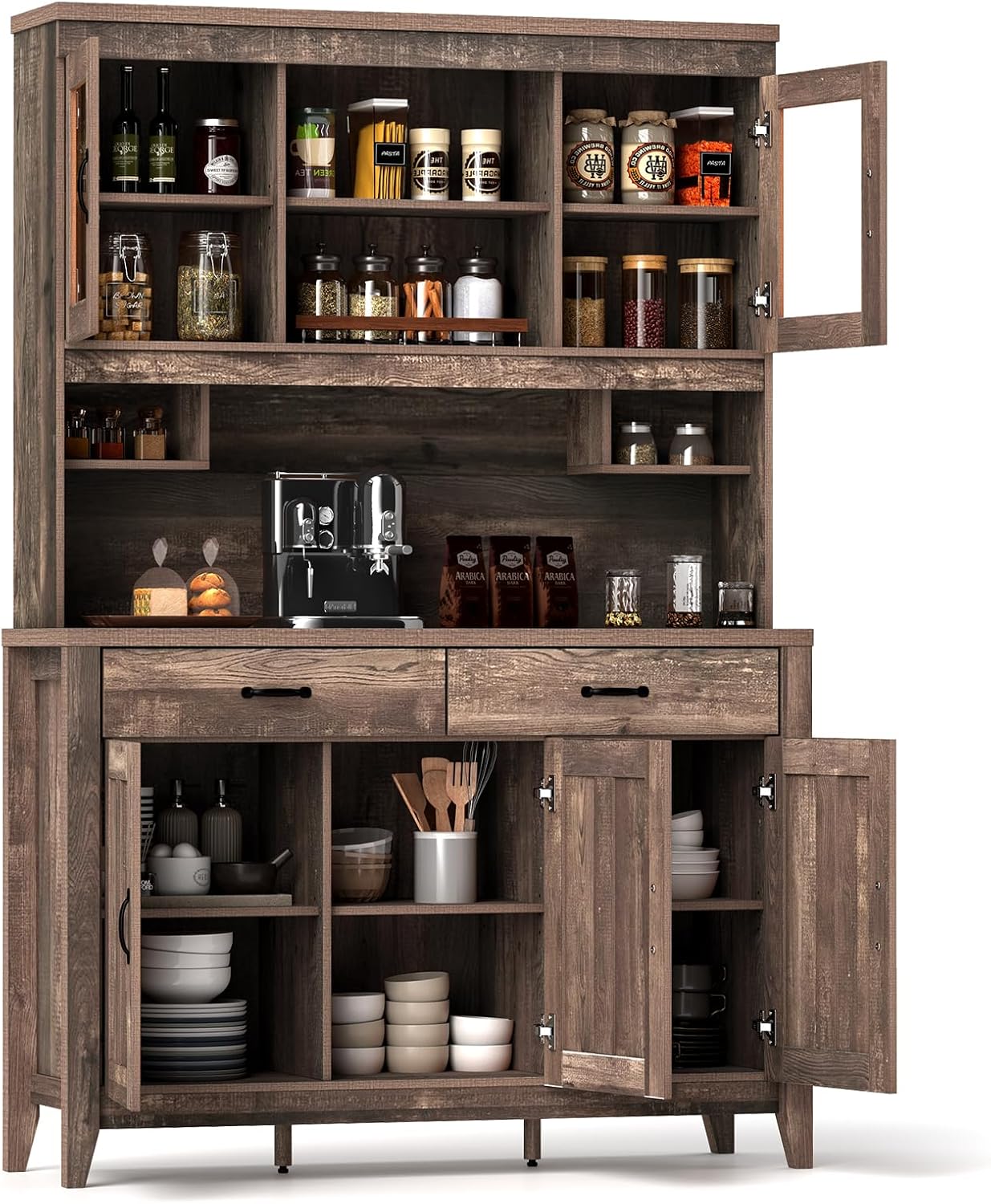 78.5-inch high kitchen cabinet storage unit. large storage cabinet with glass doors. equipped with drawers and adjustable shelves. The wooden kitchen storage unit has a microwave shelf. suitable for a home coffee bar.