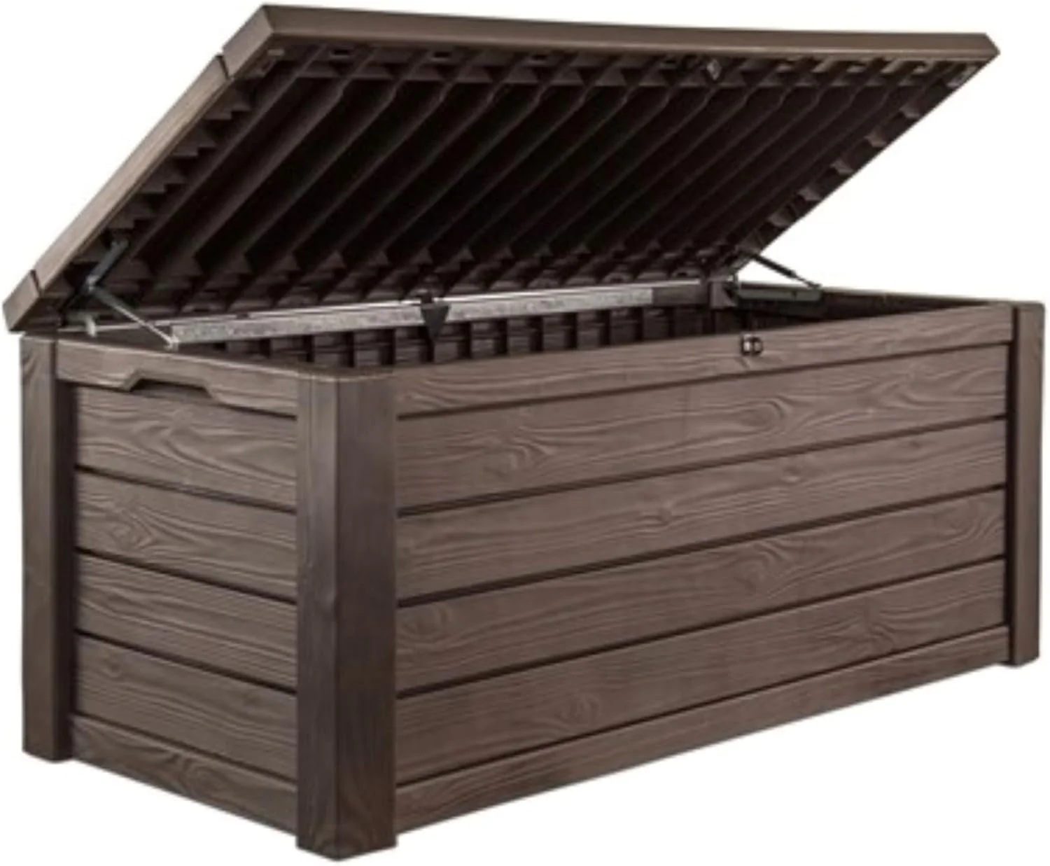 Outdoor storage deck box. 150-gallon resin deck storage box and bench. with wood-grain design. in brown color scheme