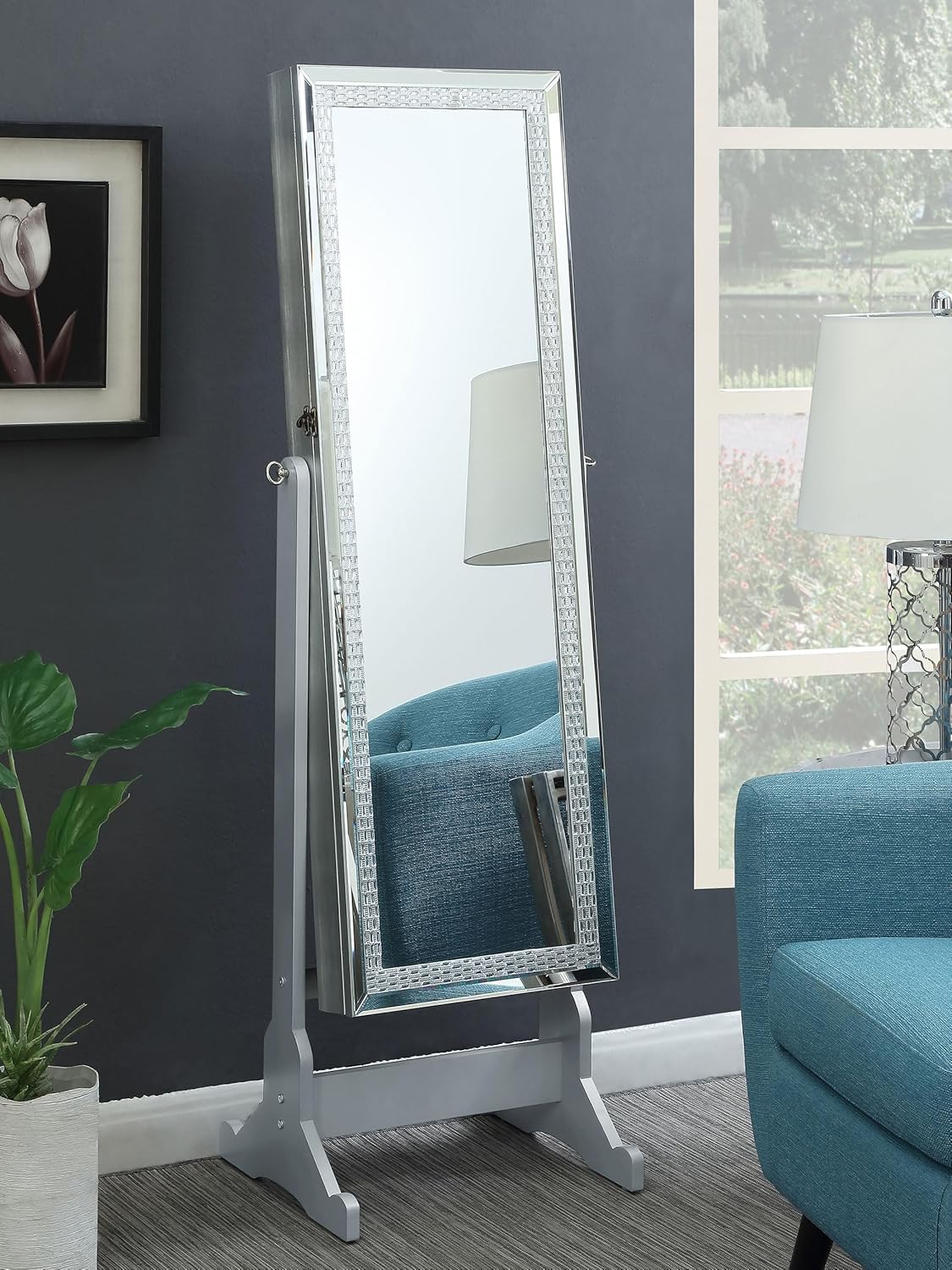 Mounted-style mirror cabinet. featuring jewelry storage function. with a design allowing the entire length to be tilted. rectangular shape - bedroom - silver color