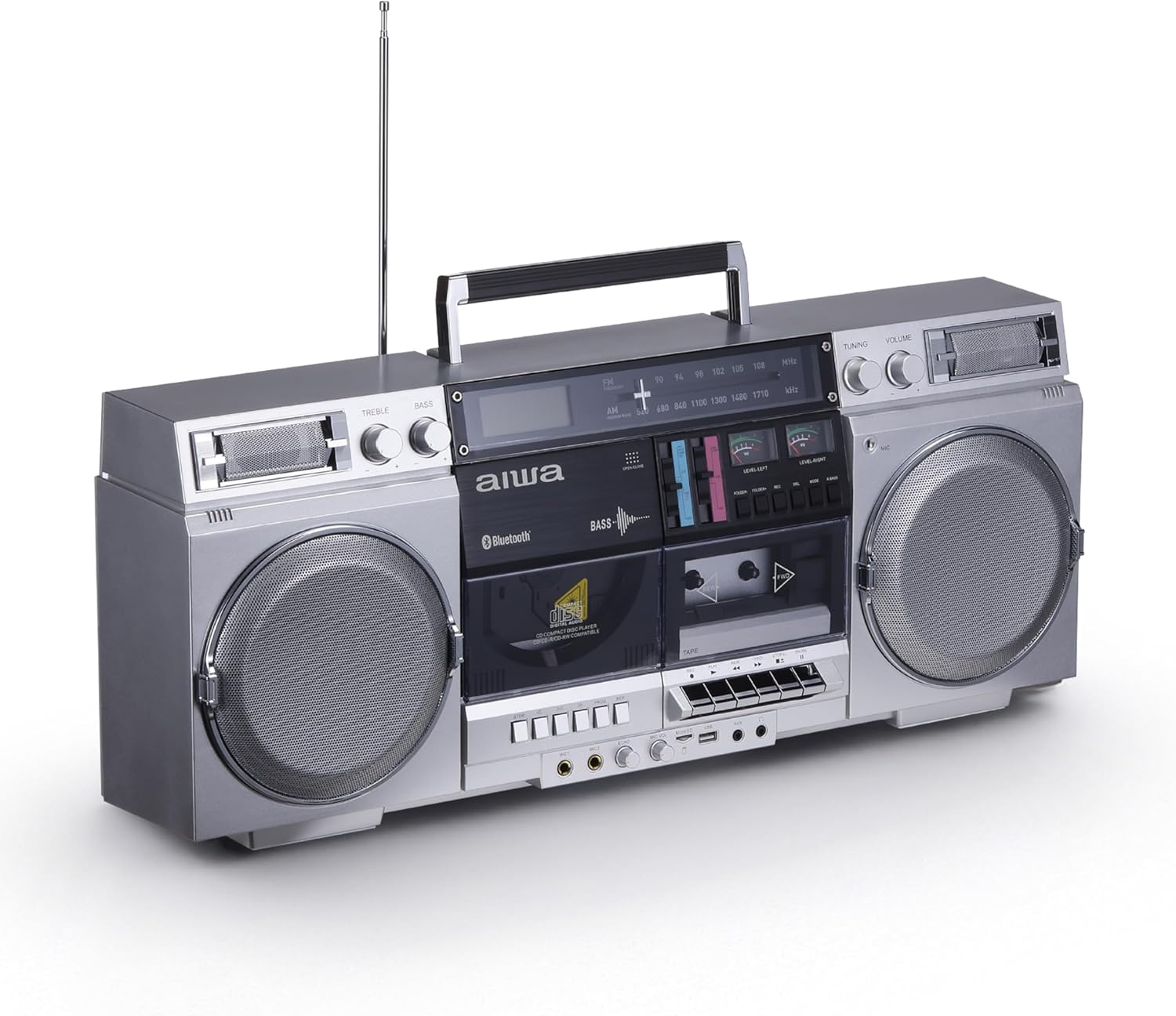 Retro-style portable CD player. featuring tape recording function. Bluetooth 5.0 technology. FM/AM radio. USB/SD/AUX input interfaces. VU meter. LCD display. dual 40-watt speakers - silver