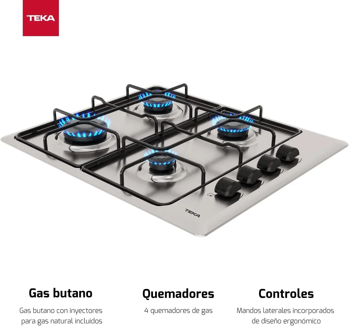 TEKA Placa de Gas Butano. 60 cm. 4 Fuegos. Mandos Ergonómicos. Seguridad Termopar. Parrillas Esmaltadas. HLX 640 KL