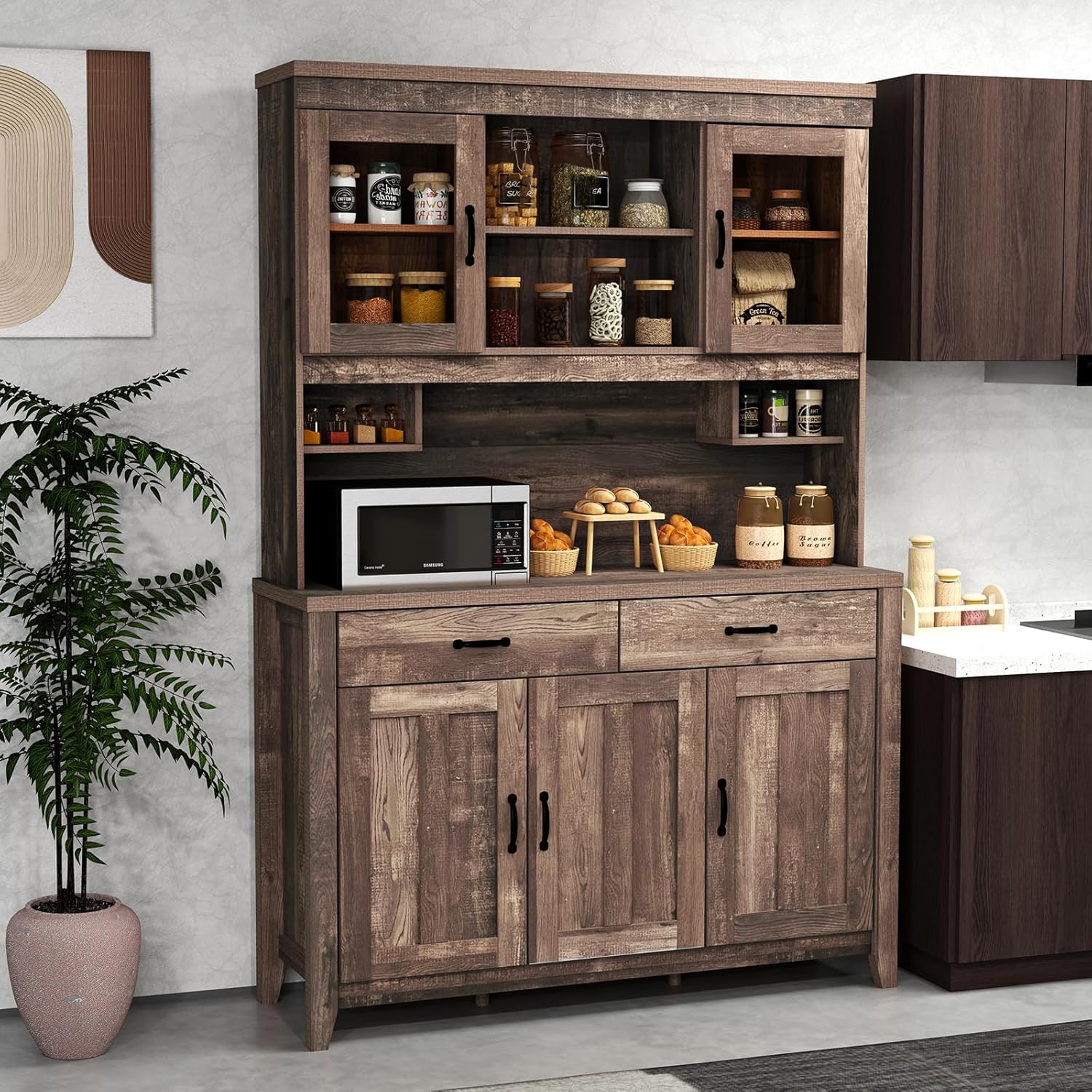 78.5-inch high kitchen cabinet storage unit. large storage cabinet with glass doors. equipped with drawers and adjustable shelves. The wooden kitchen storage unit has a microwave shelf. suitable for a home coffee bar.