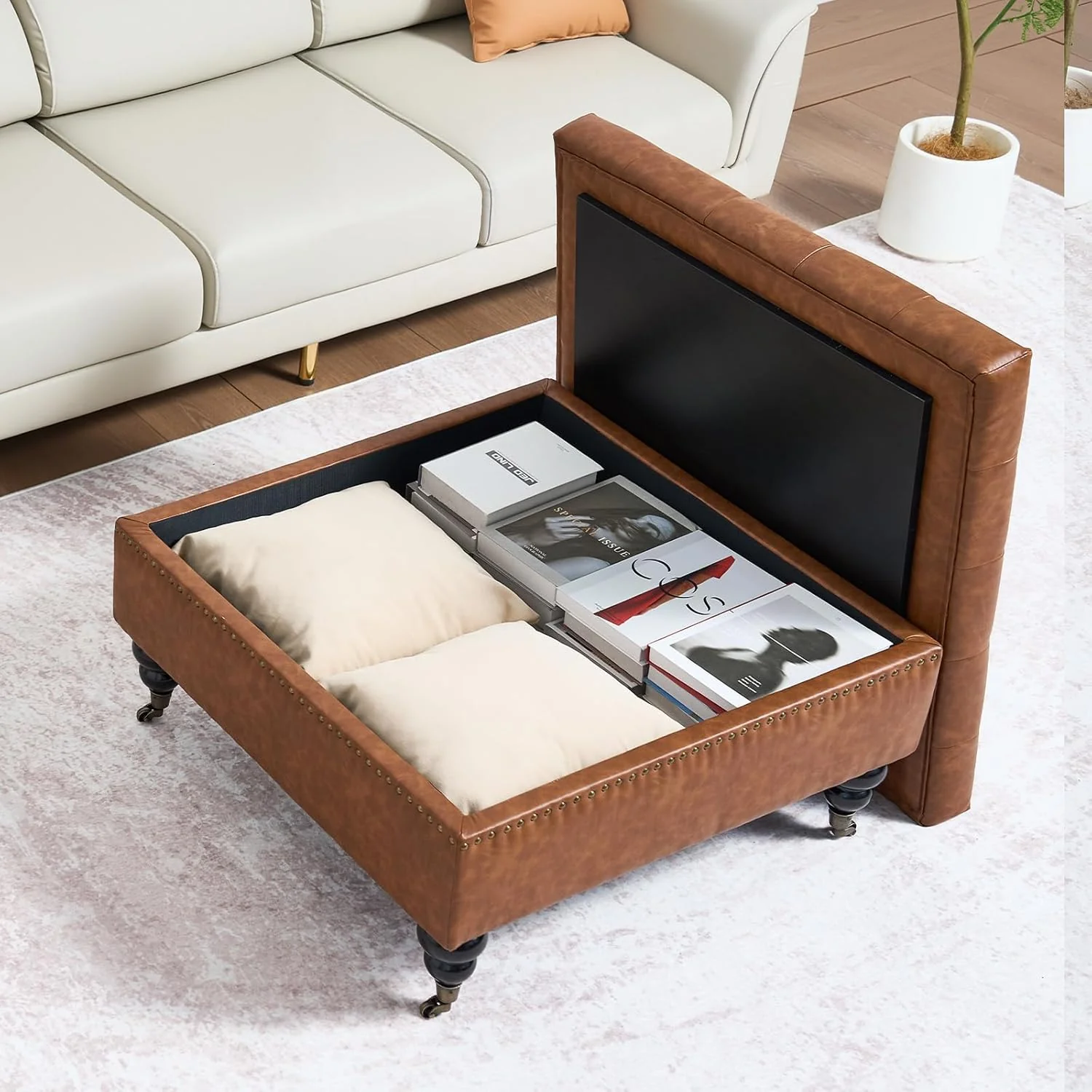 Square leather footstool with storage function. coffee table-style footstool with soft padded raised buttons. equipped with wheels. polyurethane leather high-density sponge. suitable for living room. dormitory. bedroom. in brown color scheme.