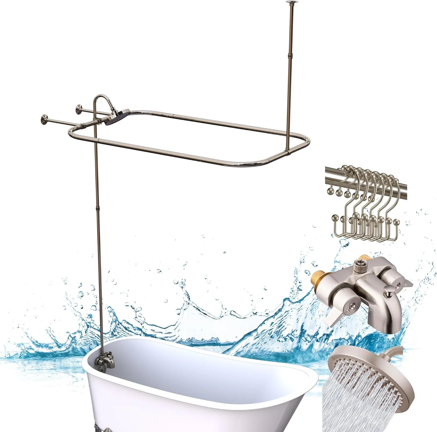 Clawfoot Tub Shower Kit. Add On Shower Units With Bathcock Diverter Faucet and 48 X 27 Rectangular Claw foot Tub Shower Curtain Rod Kit.Claw foot Tub Shower Faucet Set.Brushed Nickel