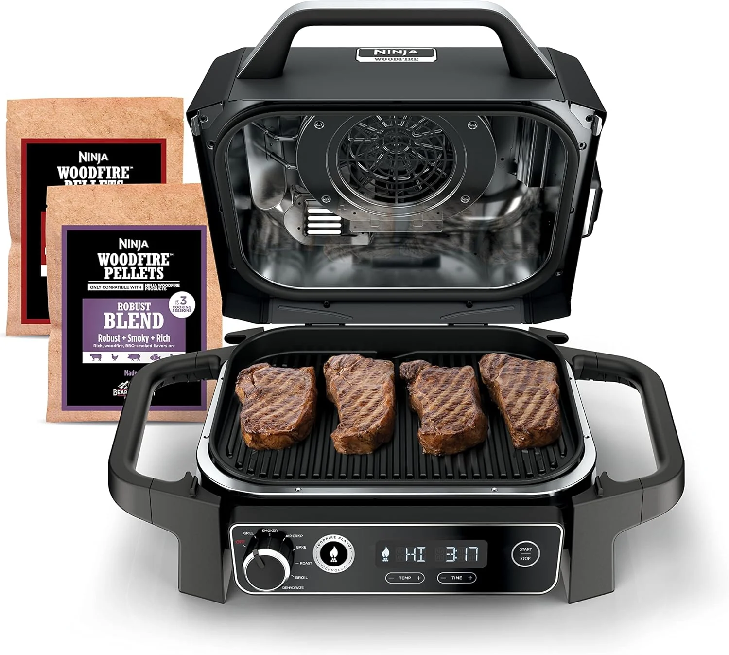 The wood-fire professional outdoor grill is equipped with an internal thermometer. It is a 7-in-one multi-functional grill. a barbecue smoker. an outdoor air fryer. featuring baking. roasting. dehydrating and grilling functions. It adopts the wood-fi
