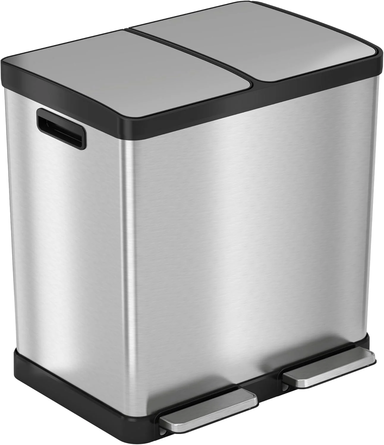 16-gallon contact-free trash and recycling bins. made of stainless steel. with a double compartment design (each compartment holds 8 gallons). suitable for recycling and waste disposal in the kitchen.