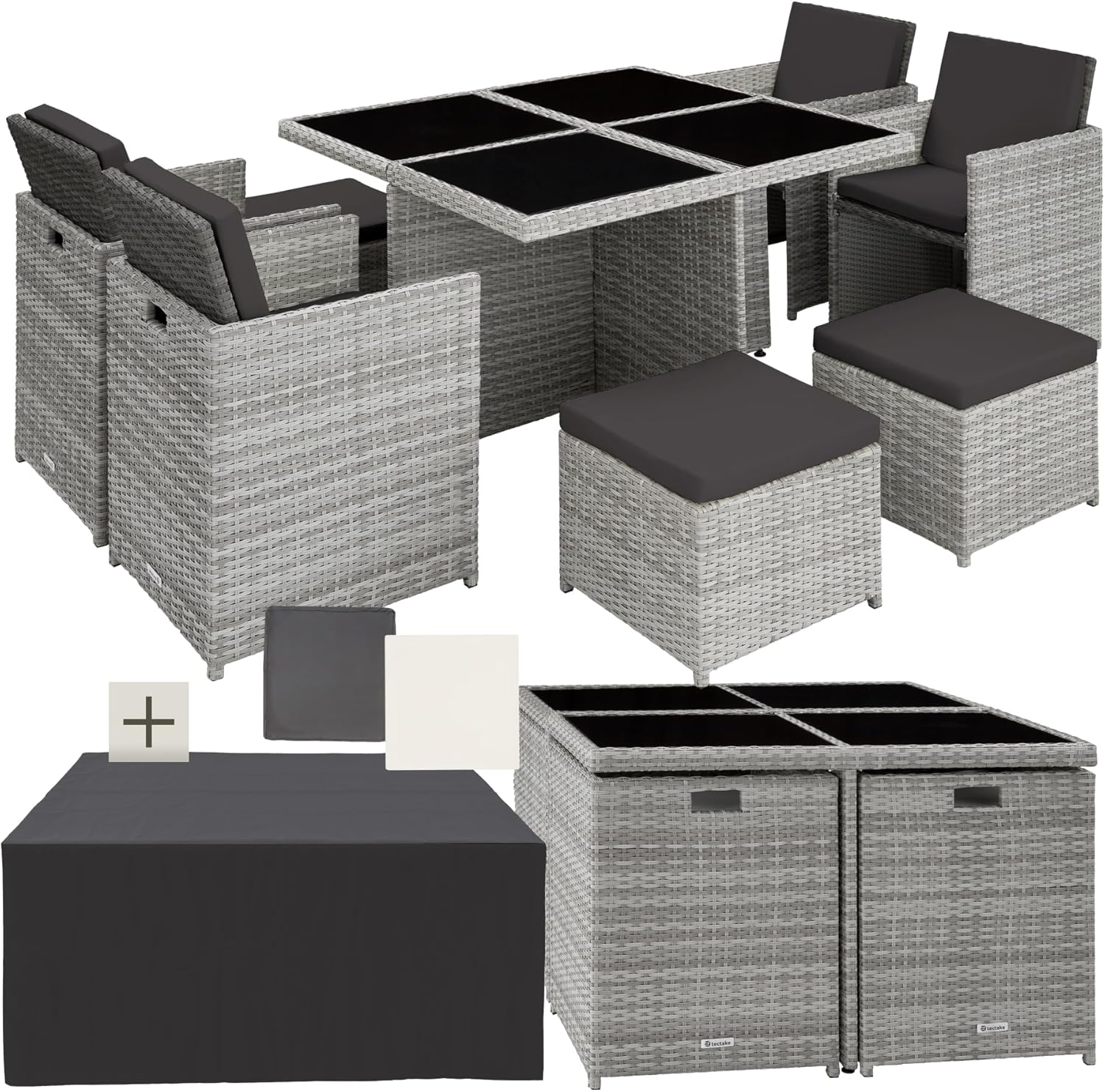 tectake Lounge Möbel Set 4X Stühle. 4X Hocker. 1x Tisch. platzsparende Cube Aufbewahrung. Outdoor Rattan Gartenmöbel für Balkon. Garten und Terrasse.