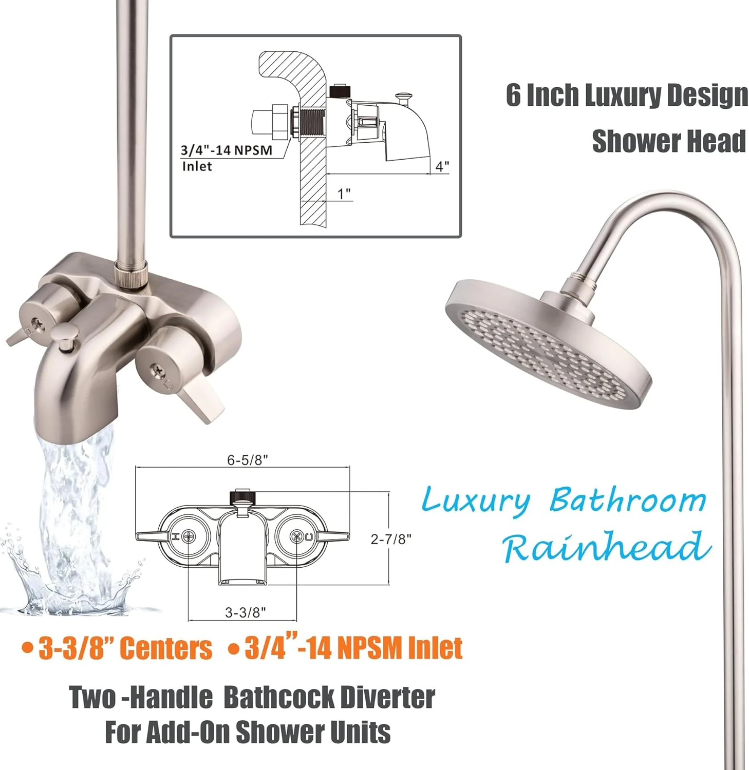 Clawfoot Tub Shower Kit. Add On Shower Units With Bathcock Diverter Faucet and 48 X 27 Rectangular Claw foot Tub Shower Curtain Rod Kit.Claw foot Tub Shower Faucet Set.Brushed Nickel