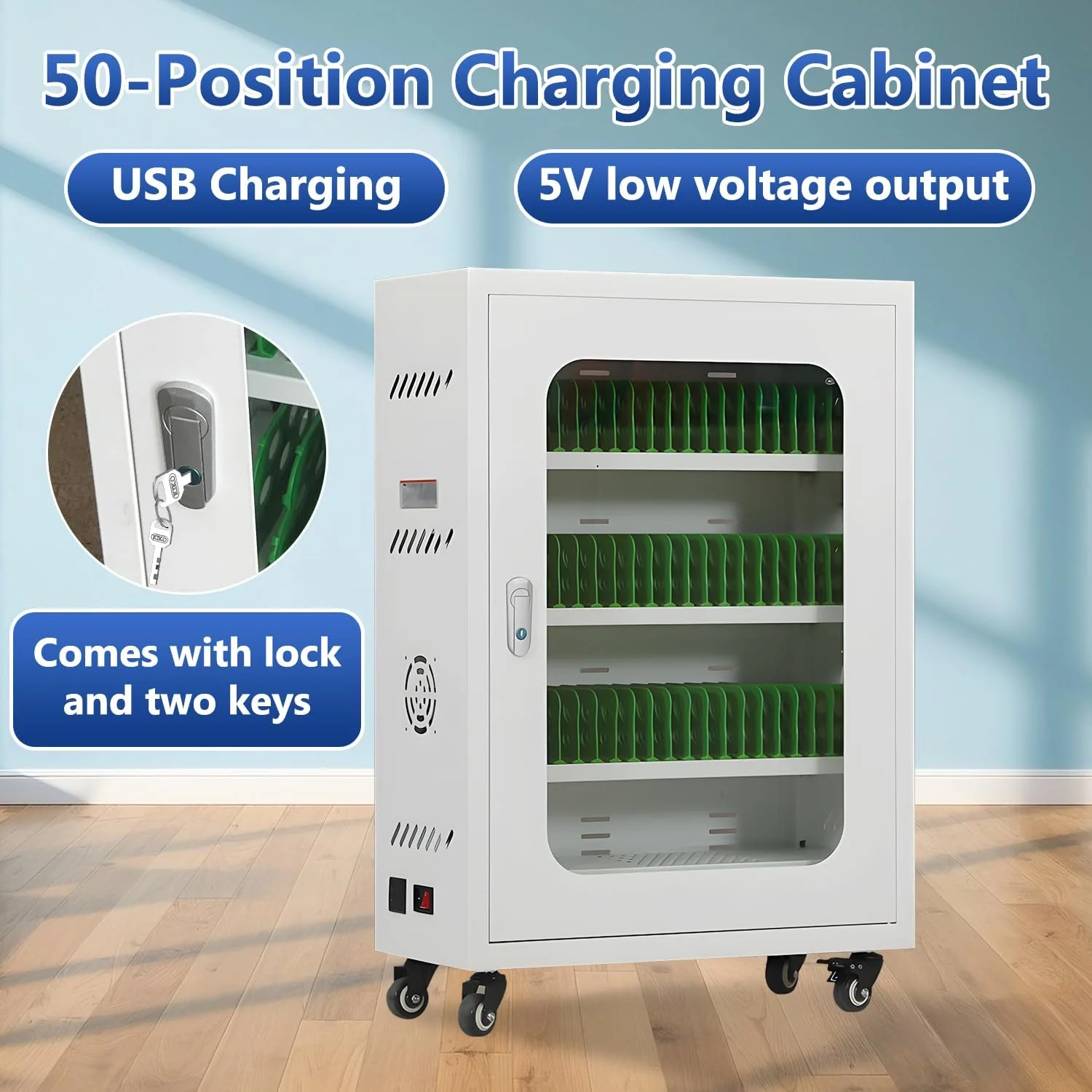 Mobile Charging Cabinet for Cell Phone. 50 Device Charging Station. USB Charging Cart Locker. with Wheels & Combination Lock. Secure Phone Storage Cabinet (50Slots)