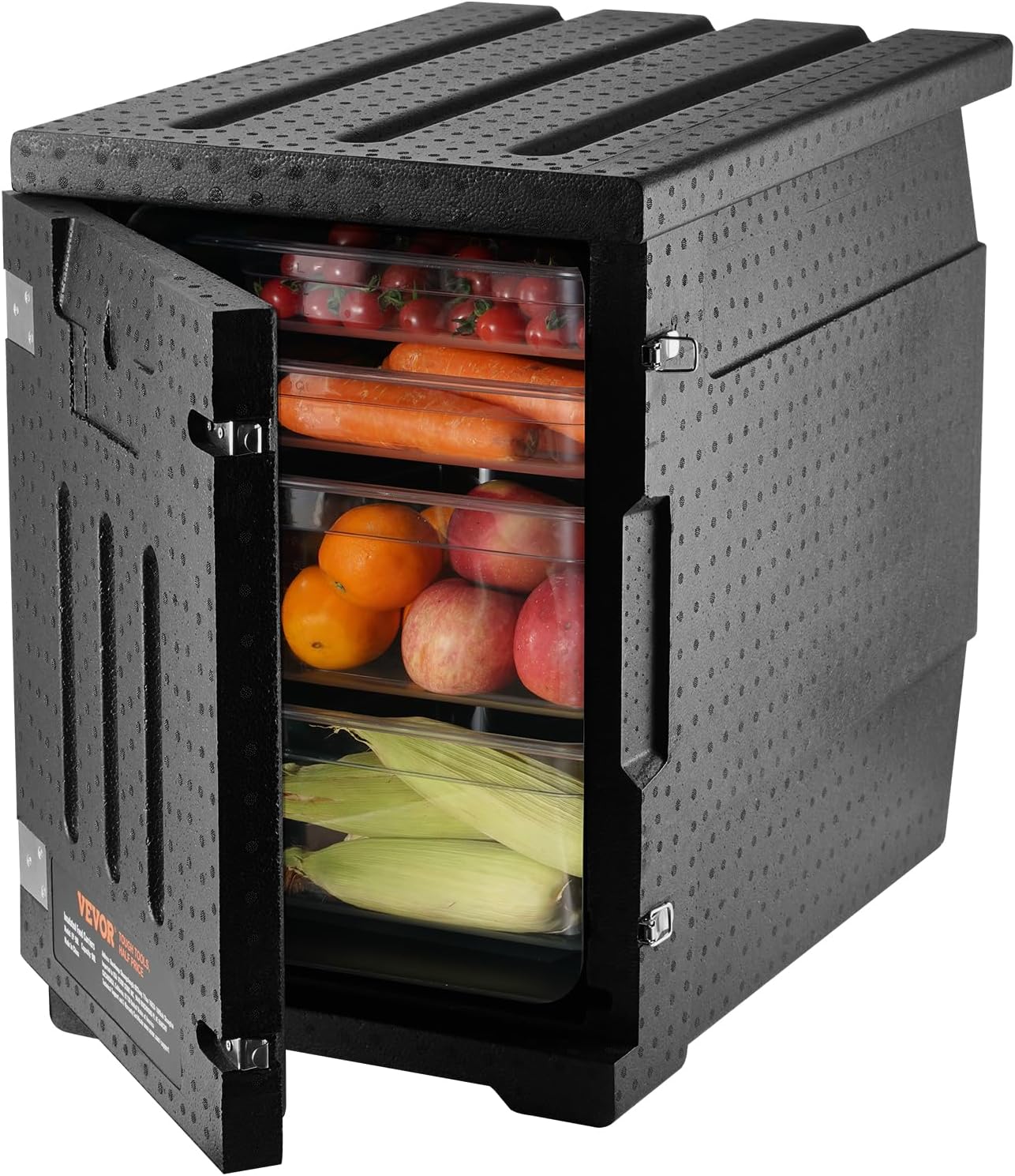 Food tray transportation box. 95-gallon insulated box for the catering industry. LLDPE food tray box with double clasps. front-mounted food heater with handle. suitable for stacking end loaders in restaurants. canteens. etc. black