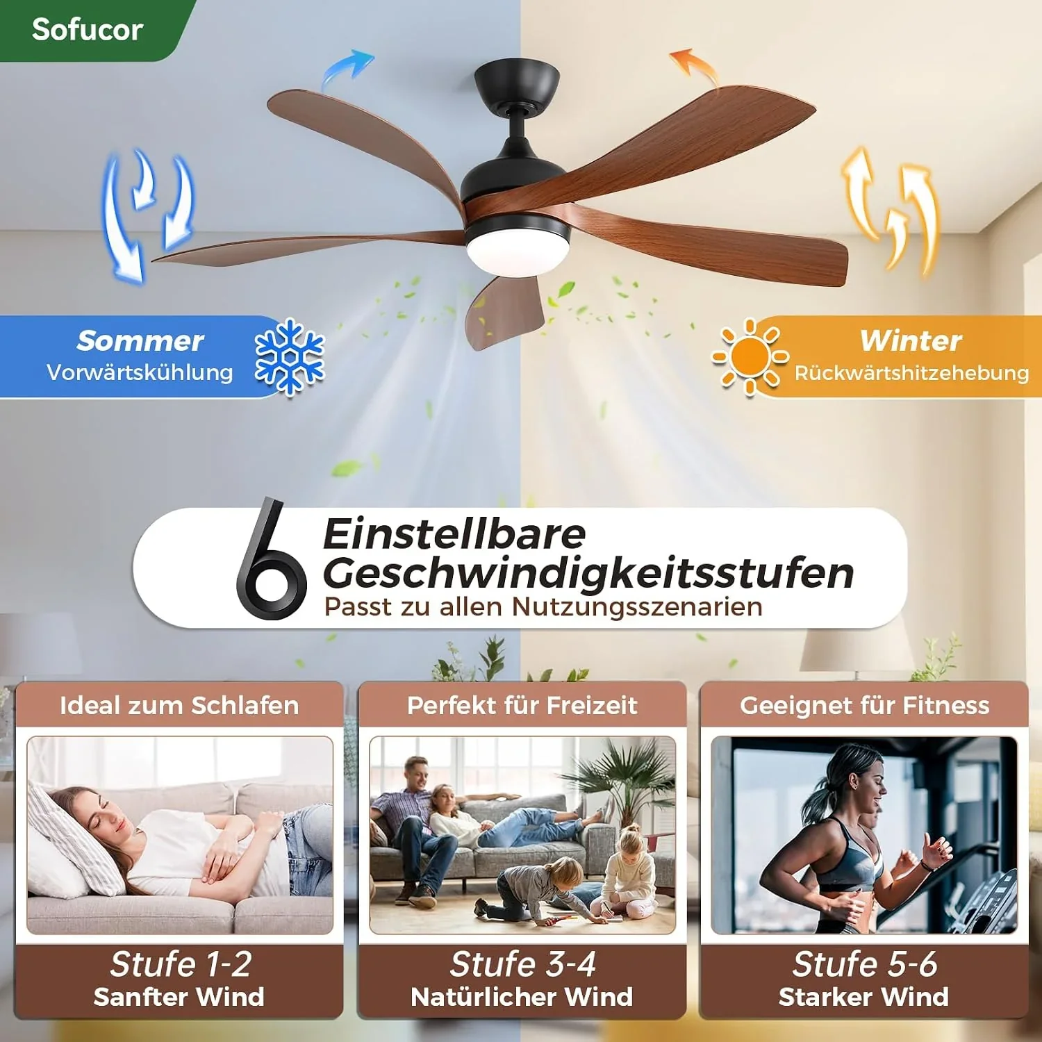 Sofucor Smart Deckenventilator mit Beleuchtung.132cm Deckenventilator mit Licht. Kompatibel mit Alexa/APP. Fernbedienung. 3 Farbtemperatur. Timer. 6