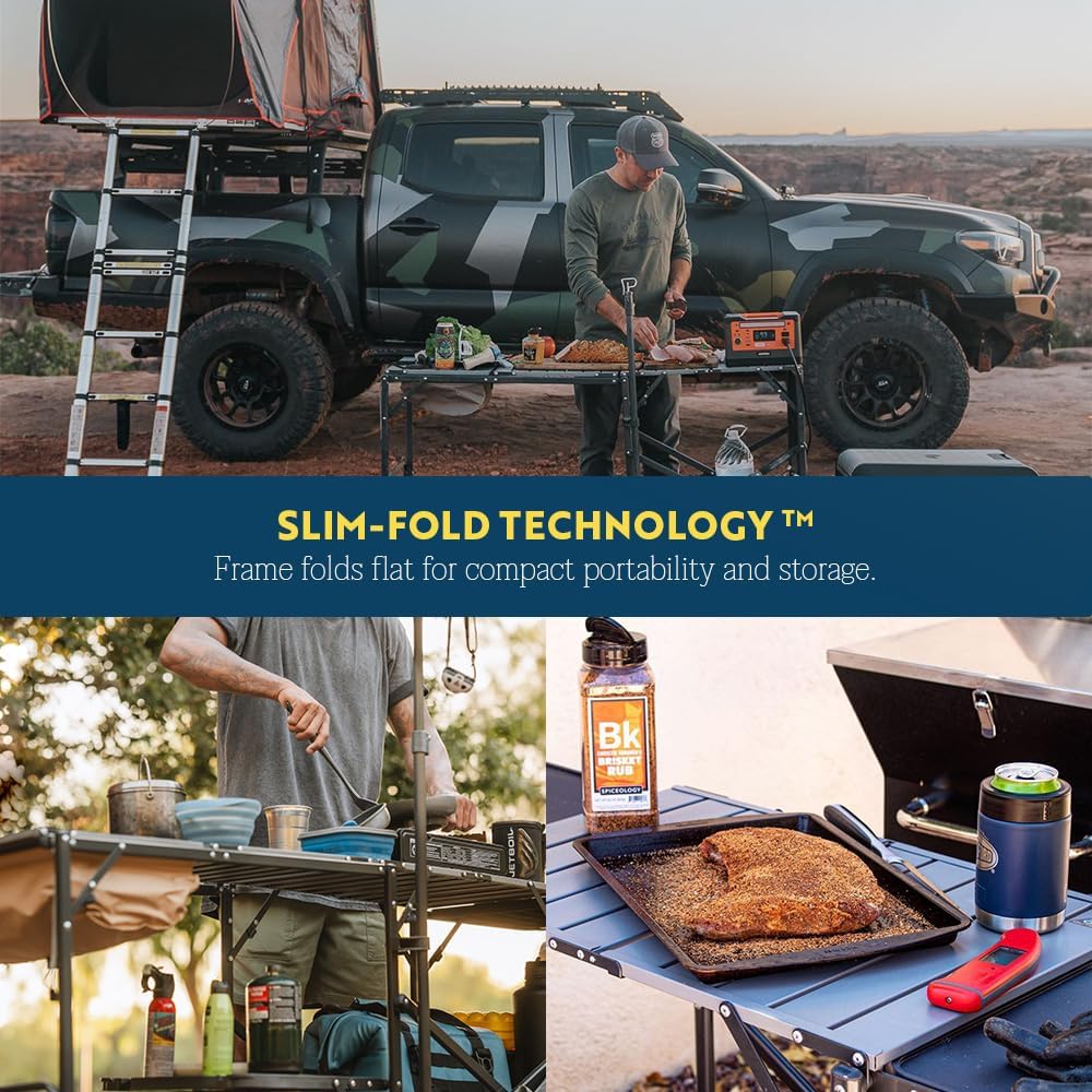 Outdoor chef station | Portable folding kitchen table. equipped with a soft-shell sink. heat-resistant tabletop and telescopic lamp pole. ideal for camping trips