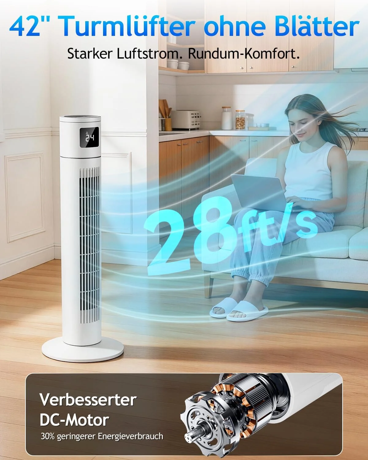 Timiyou Turmventilator 20dB Sehr Leiser für Schlafzimmer & Kühlung mit Fernbedienung | 3 Geschwindigkeitsstufen. 12h Timer. 60° Oszillation.