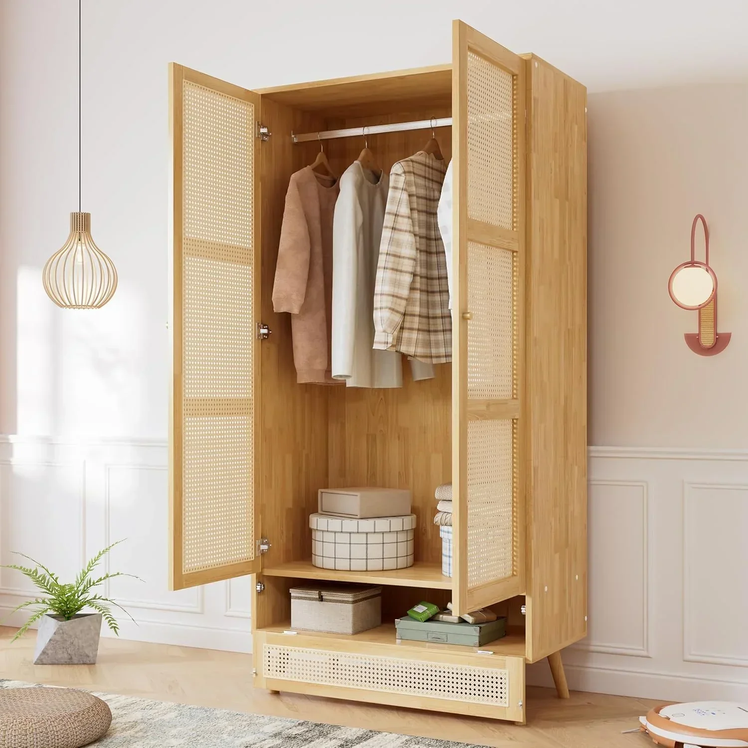Soweiz Armario con barra. armario de 2 puertas. dormitorio. red de ratán. sala de estar. con tapa inferior abatible. tableros de partículas+ratán de