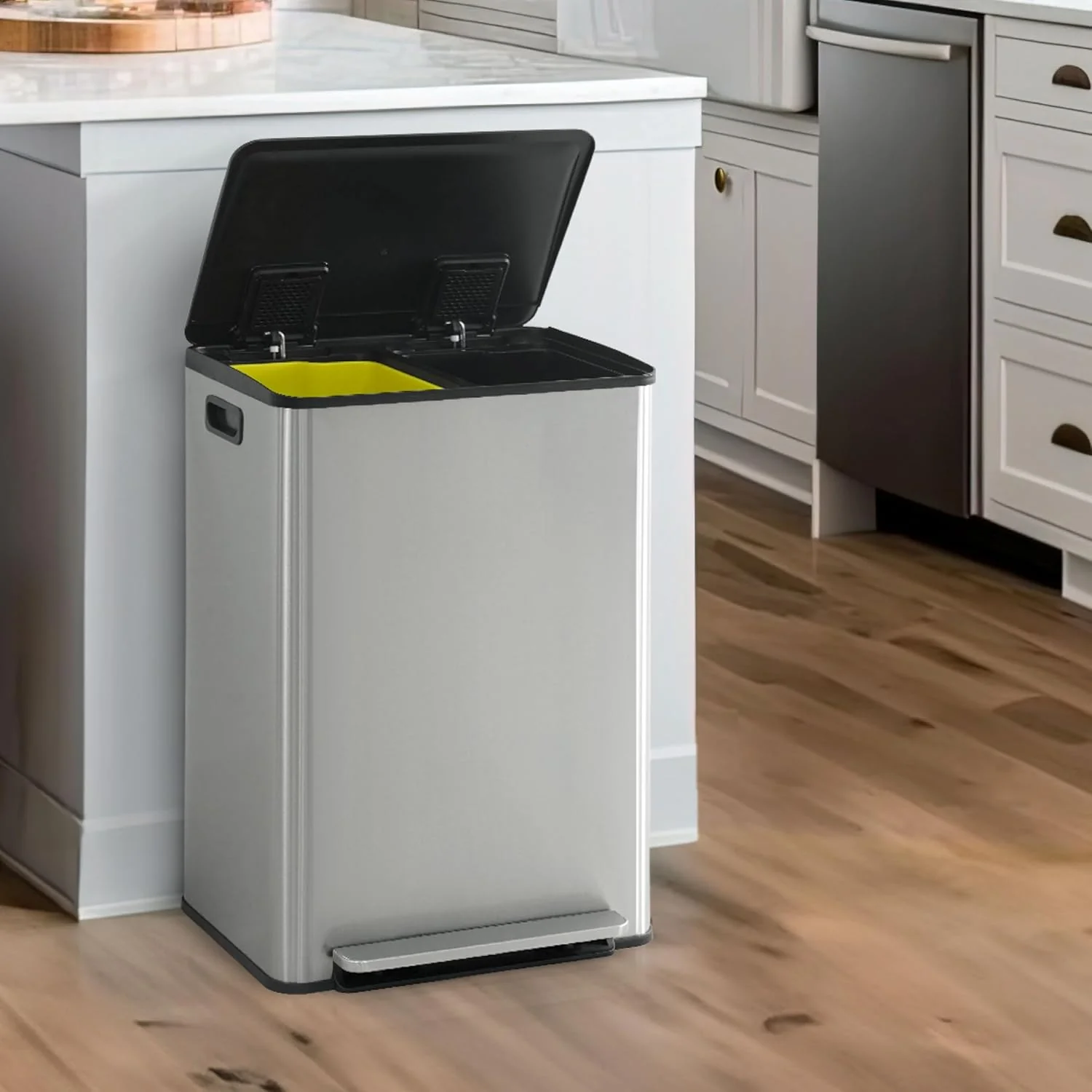 CAPHAUS Dual Trash Can with Double Lid. Trash and Recycle Bins Combo. Hands-free Stainless-Steel Garbage Can for Kitchen. with 2 Compartment. Hinged Lid. Odor Filters. Handles. 25L+25L. 2 x 6.6 Gallon