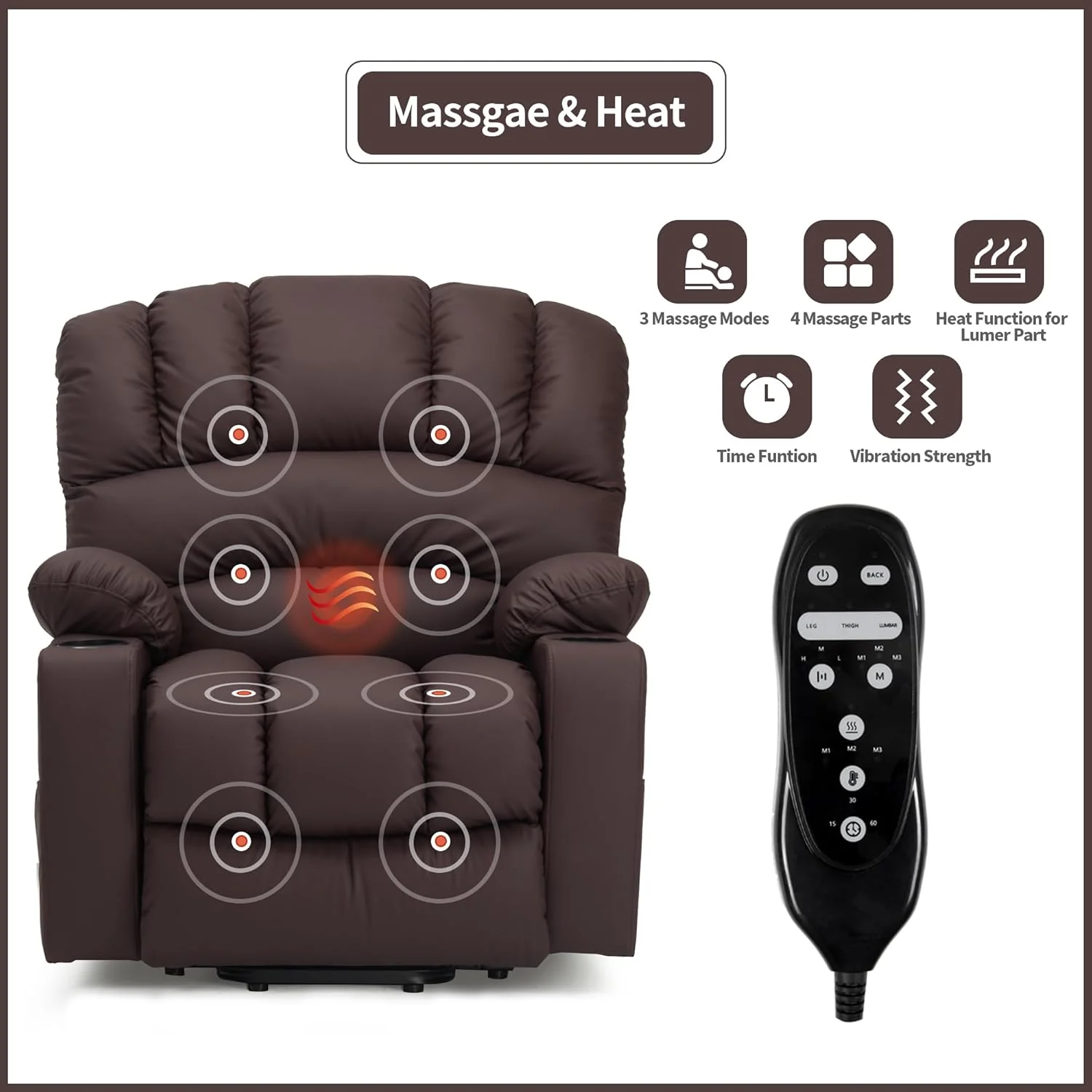 Electrically adjustable reclining chair - Electrically massaging adjustable reclining chair. The chair seat has a heating function. Large shell with velvet backrest. Suitable for the elderly and the elderly. Electrically adjustable reclining chair.