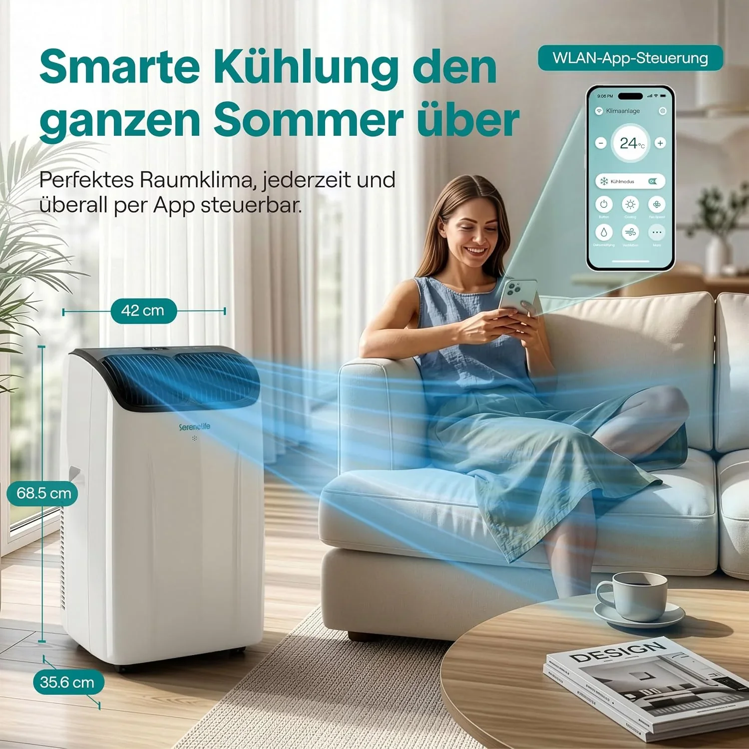 SereneLife Klimaanlage Mobil 14000 BTU – Kleine Klimaanlage für Zimmer bis 33 m² | WiFi | Kühlung. Entfeuchter & Ventilator | 51 dB