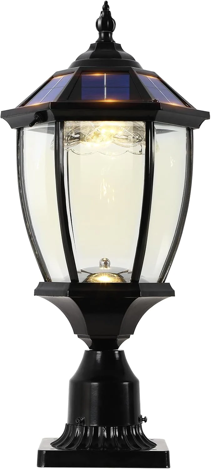 2-Heads Outdoor Solar Lamp Post Lights with Dusk to Dawn Sensor. Classic Exterior Solar Pole Lights with Waterproof. Black Street Lights with Clear Glass for Garden. Patio. Pathway. Driveway