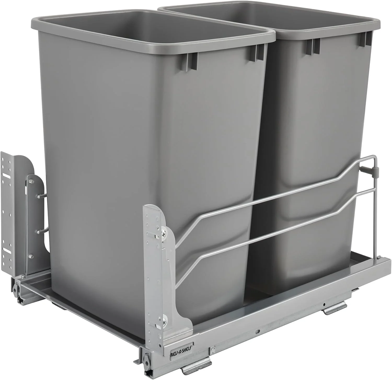 A double pull-out trash can suitable for the bottom of kitchen cabinets. with a capacity of 35 ounces (approximately 0.875 gallons). equipped with a gentle closing sliding mechanism. and in the color of Orison Gray.