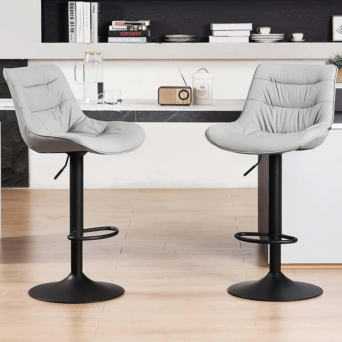 Bar stool set (2-piece) Adjustable rotating style. black color. covered with PU leather and equipped with a backrest. suitable for medium-height stools used in kitchen island or home bar.