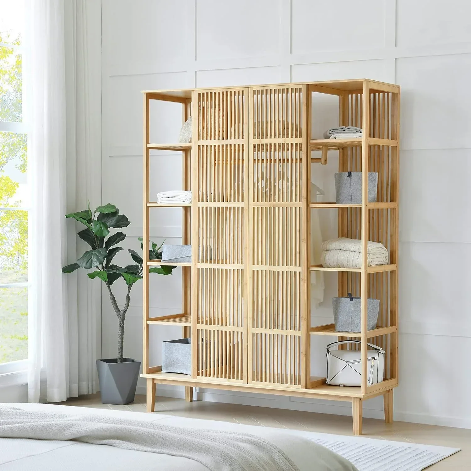 [en.casa] Armario para Ropa con 2 Puertas Deslizantes Clóset con 12 Estantes y 1 Barra de Colgar Perchero de Bambú 185 x 140 x 45 cm Natural