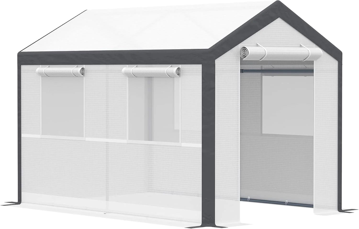 A 20-foot x 10-foot x 9-foot walk-in green house with an outdoor garden greenhouse. equipped with 6 roll-up windows. 2 zipper doors and a rain cover. in white color.