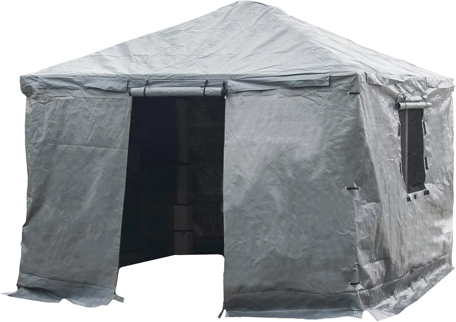 Universal winter tarpaulin. suitable for tall sunshades. used for storing barbecue grills and outdoor furniture. with fireproof and weather-resistant properties. measuring 10 feet by 12 feet. and in gray color.