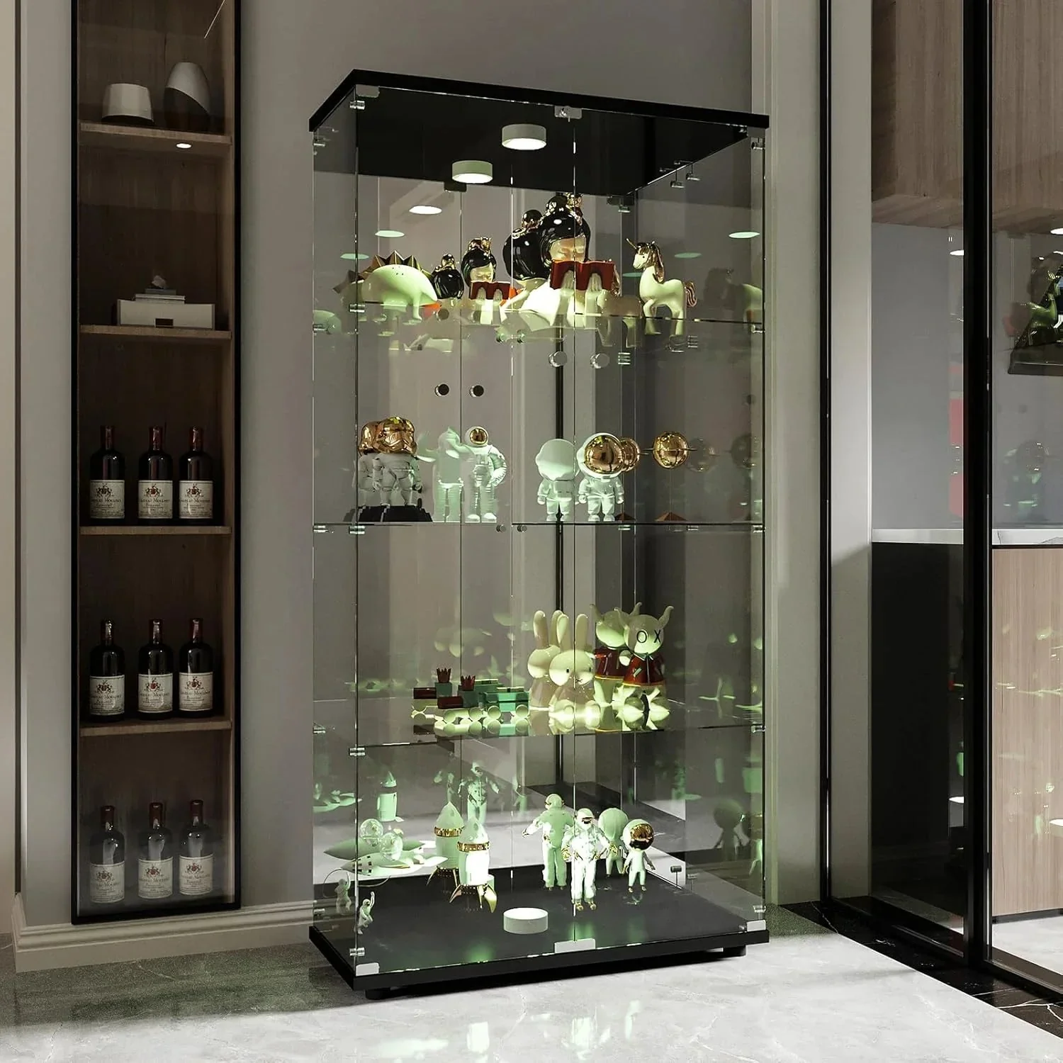 Vitrina Cristal Expositora con Luz. Puerta Cerradura. 4 estantes - Grande Vitrina de Colecciones.Vitrina de pie para Sala Oficina(Espalda Espejo)