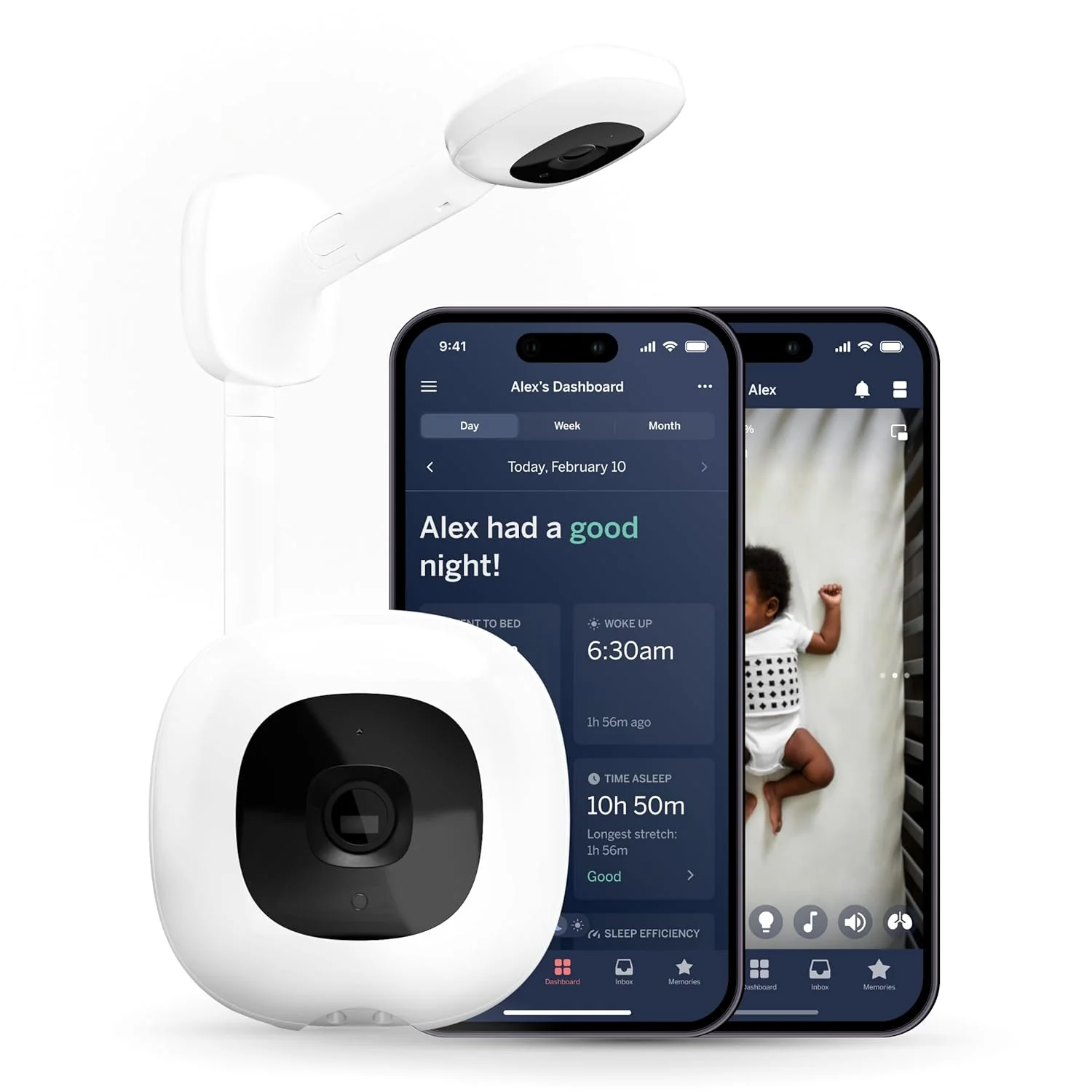 Smart baby monitor and wall-mounted device - 1080p security Wi-Fi video camera. sensor-free sleep and breathing motion tracker. two-way audio. sound and motion alerts. night vision function. breathing band - white