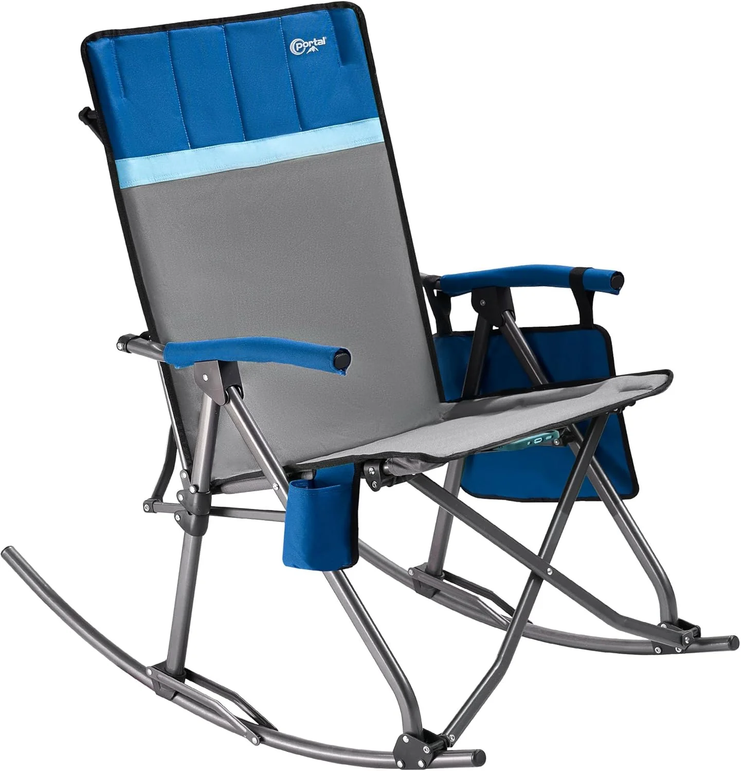 Large-sized foldable rocking chair-style camping chair. Portable outdoor rocking chair. equipped with a high back and sturdy armrests. The carrying bag can bear a weight of 300 pounds. The back of the seat has padding. The color is blue.
